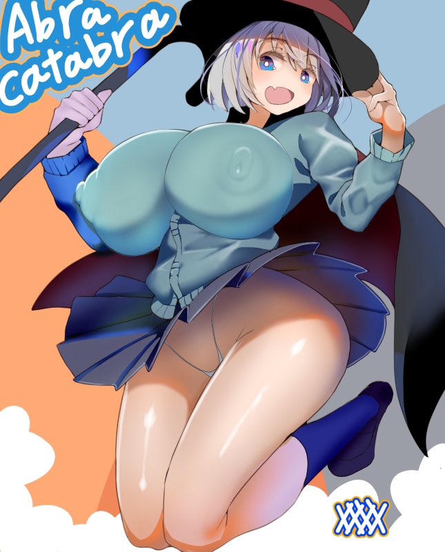 big_breasts blue_eyes curvy huge_breasts jumping looking_down magician magician_hat nananana nipple_bulge oerba_yun_fang open_mouth panties school_uniform schoolgirl short_hair silver_hair solo tejina_senpai tejina_senpai_(character) thick thong upskirt wide_hips