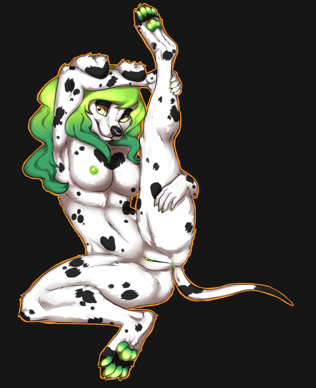 anthro anus black_background black_nose black_spots canid canine canis dalmatian domestic_dog female floppy_ears fur genitals green_anus green_hair green_nipples green_pawpads green_pussy hair hi_res long_hair mammal nipples nude pawpads paws pussy raised_leg shapeshifterprincess simple_background solo spots wavy_hair white_body white_fur