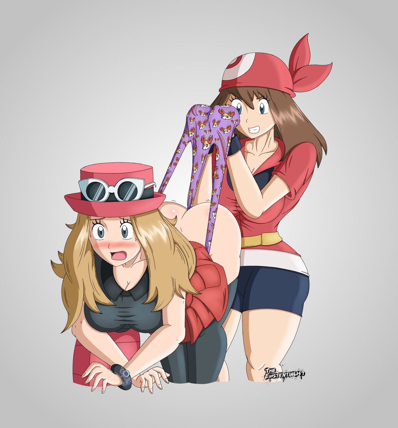 2girls, aged up, ass, bag, belt, bent over, big breasts, blonde hair, blush, breasts, brown hair, cleavage, clothed, embarrassed, female, female only, femsub, from behind, fully clothed, hat, human, humiliation, large breasts, may (pokemon), panties, pokemon, pokemon rse, pokemon xy, purple panties, serena (pokemon games), serena (pokemon), shirt, shorts, source request, standing, sunglasses, sunglasses on head, text, the existentialist, thick thighs, watermark, wedgie, wide hips