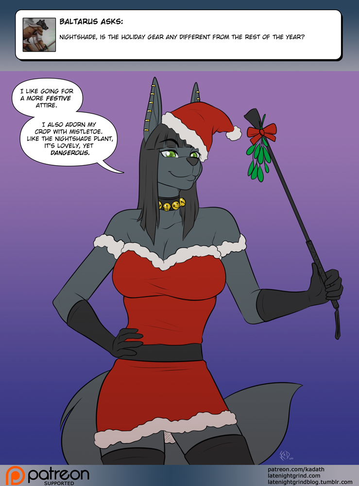 2016 anthro ask_blog black_hair christmas clothed collar dominatrix ear_piercing english_text female_focus female_only green_eyes jackal kadath kadath_tumblr_ask kadath_universe looking_at_viewer nightshade_(kadath) patreon simple_background solo tail text