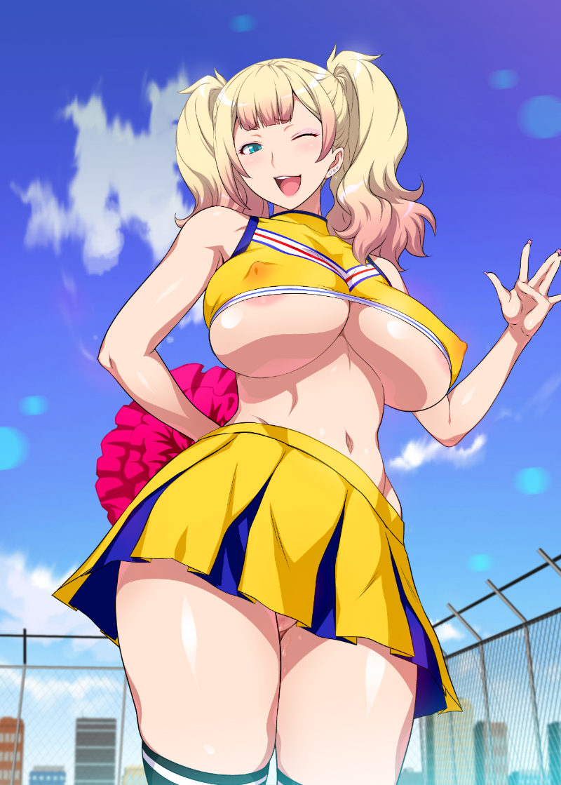 1girls aqua_eyes areola_slip areolae bare_shoulders blonde_hair breasts censored cheerleader cheerleader_outfit cheerleader_uniform clothed clothing ear_piercing earrings erect_nipples female gradient_hair gyaru hand_on_back jk_bitch_ni_shiboraretai joy_ride large_breasts long_hair looking_at_viewer multicolored_hair nail_polish navel nipple_bulge nipples_visible_through_clothing no_panties one_eye_closed open_mouth pink_hair pom_poms pussy pussy_juice pussy_peek shiny_skin skirt smile solo standing striped_legwear thick_thighs thighhighs tied_hair tight_clothing twintails underboob undersized_clothes wide_hips wink yariko