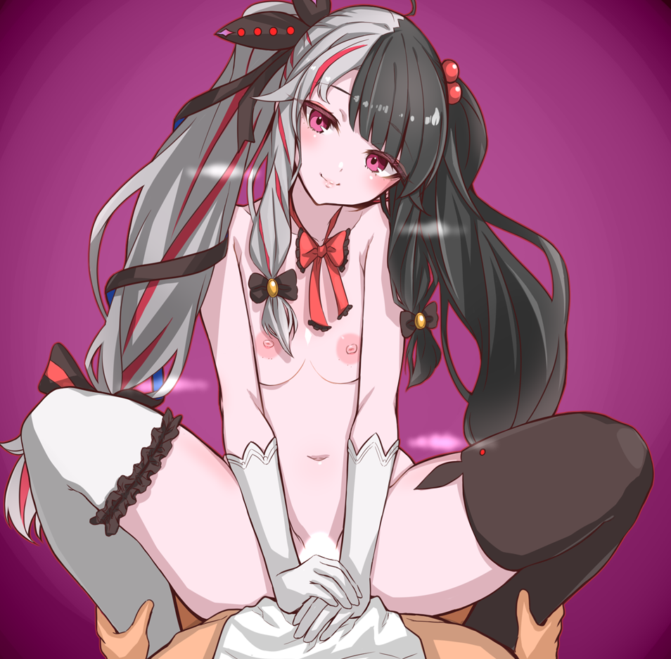 1boy 1girls ahoge ankle_grab bangs between_legs black_hair black_legwear black_thighhighs blush breasts censored closed_mouth clothing cowgirl_position elbow_gloves eyebrows_visible_through_hair female female_on_top gloves hair_bobbles hair_ornament hair_ribbon hand_between_legs hands_together head_tilt imminent_vaginal kokechan long_hair looking_at_viewer male medium_breasts mismatched_legwear multicolored_hair navel neck_ribbon nijisanji nipples no_panties parted_bangs penetration pov purple_background purple_eyes red_hair red_neckwear ribbon sex sidelocks silver_hair simple_background small_breasts smile solo_focus spread_legs straddling straight streaked_hair thighhighs topless vaginal_penetration virtual_youtuber white_gloves white_legwear white_thighhighs yorumi_rena