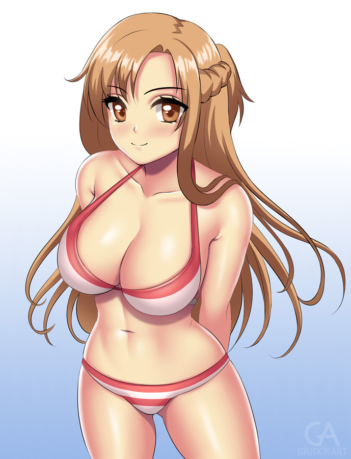 artist request, bikini, blush, breasts, brown eyes, brown hair, female, striped bikini, sword art online, yuuki asuna