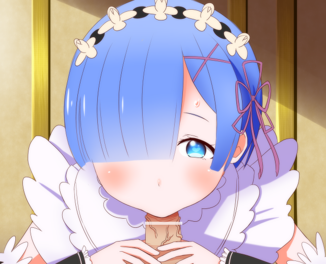 blue_eyes blue_hair censored fellatio female male re:zero_kara_hajimeru_isekai_seikatsu rem_(re:zero) short_hair straight tamezou