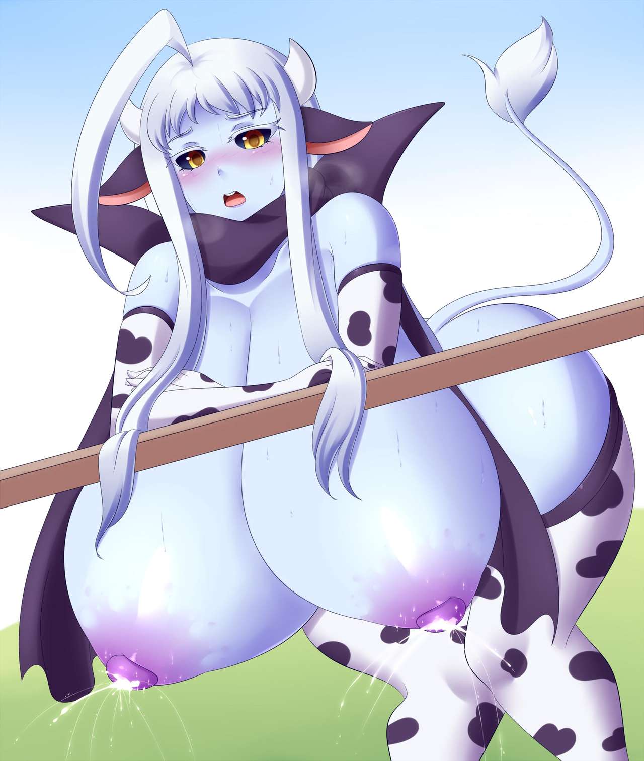 1girls, animal ears, blush, breasts, cow girl, cow horns, cow print, female, female only, hanging breasts, horns, huge breasts, jcdr, lactating, lactation, lala (monster musume), monster musume no iru nichijou, solo