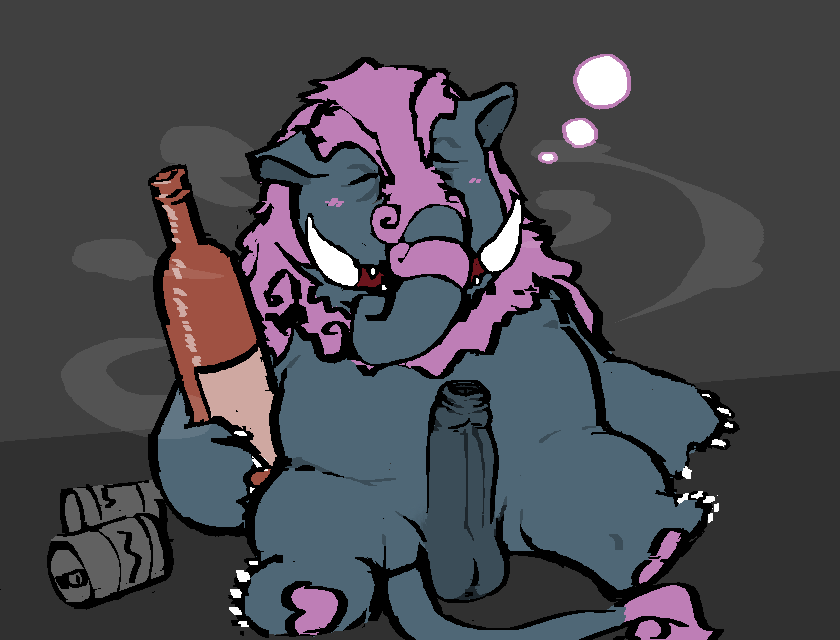 5_fingers alcohol anthro bagooska_the_terribly_tired_tapir beer beverage black_body black_fur blush drunk_bubbles erection fingers foreskin fur genitals humanoid_genitalia humanoid_penis konami male male_only mammal open_mouth pawpads penis purple_body purple_fur saltshovel sitting slightly_chubby solo solo_male tail_fluff tapir trunk tusks uncut yu-gi-oh!