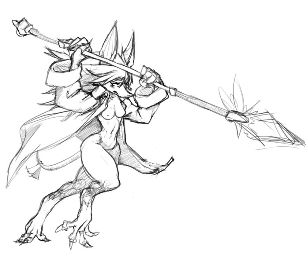 anthro attack breasts diagamon digital_media_(artwork) dragoon female ffix final_fantasy final_fantasy_ix freya_crescent hair long_coat long_hair mammal melee_weapon monochrome polearm rodent sketch solo spear square_enix video_games weapon