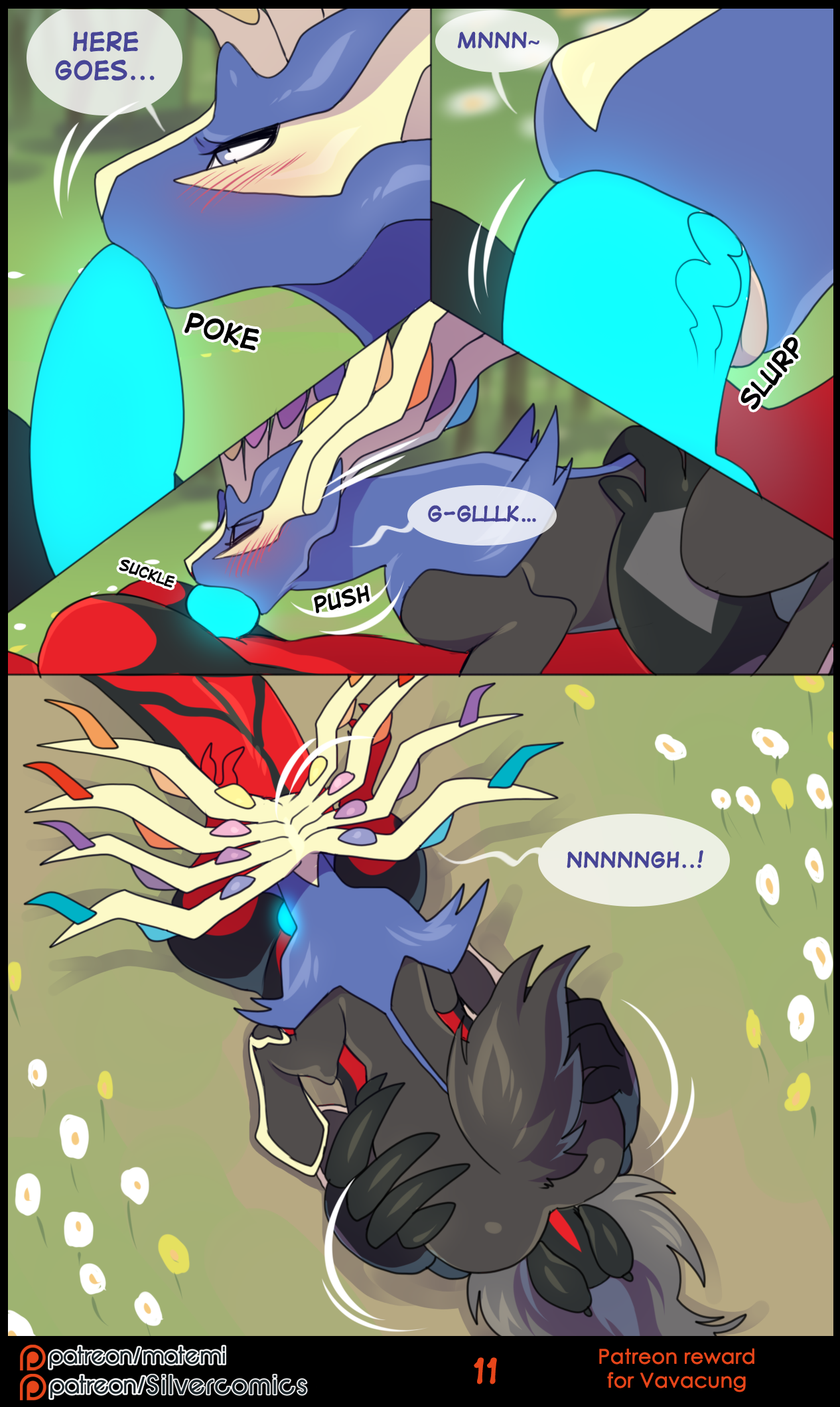 1boy, 1girls, 2019, 69 position, animal genitalia, animal penis, antlers, ass, big ass, big butt, big penis, bioluminescence, black body, black border, black fur, blue body, blue eyes, blue fur, blush, claws, closed eyes, comic, cunnilingus, deepthroat, english text, fellatio, female, feral, flower, forest, fur, furry, glowing, glowing genitalia, glowing penis, grey body, grey fur, hi res, horn, knot, legendary pokemon, male, matemi, motion lines, neck tuft, nintendo, oral, original character, page 11, patreon, patreon reward, penile, penis, plant, pokémon (species), pokemon, pokemon (species), pokemon xy, pussy, sex, talons, text, tongue, tongue out, tree, tuft, url, vaginal penetration, veins, video games, watermark, wings, xerneas, yveltal