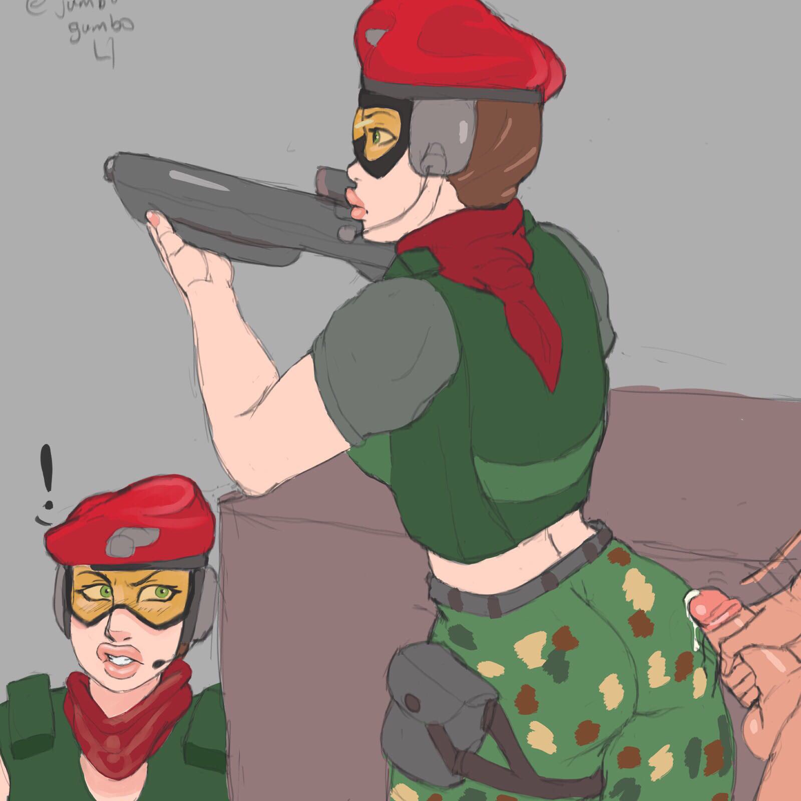 !, 1boy, 1girls, alibi (rainbow six), big breasts, breasts, camouflage, cum, ejaculation, faceless male, female, glasses, green eyes, jumbogumbo, male, masturbation, precum, rainbow six, rainbow six siege, semen, suprise cumshot, surprised, tagme, thick lips, tom clancy, weapon