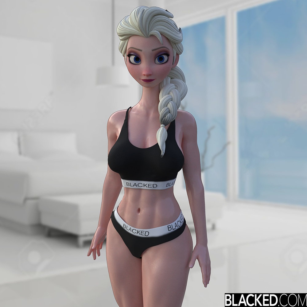 1girls, 3d, 3d (artwork), blacked, blacked clothing, blonde hair, blue eyes, bra, breasts, daz studio, daz3d, disney, elsa (frozen), english text, female, female only, frozen (film), long hair, looking at viewer, medium breasts, nordfantasy, panties, solo, sports bra, text, underwear, white skin