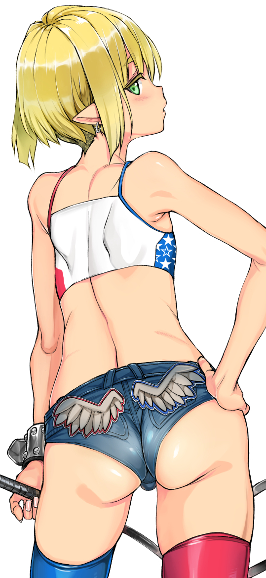 1boy ass bdsm blonde_hair blush bulge clothed clothing coin_rand crossdressing dat_ass earrings elf femboy from_behind green_eyes looking_at_viewer looking_back male male_only minishorts original pointy_ears short_hair short_shorts solo thighhighs trap whip