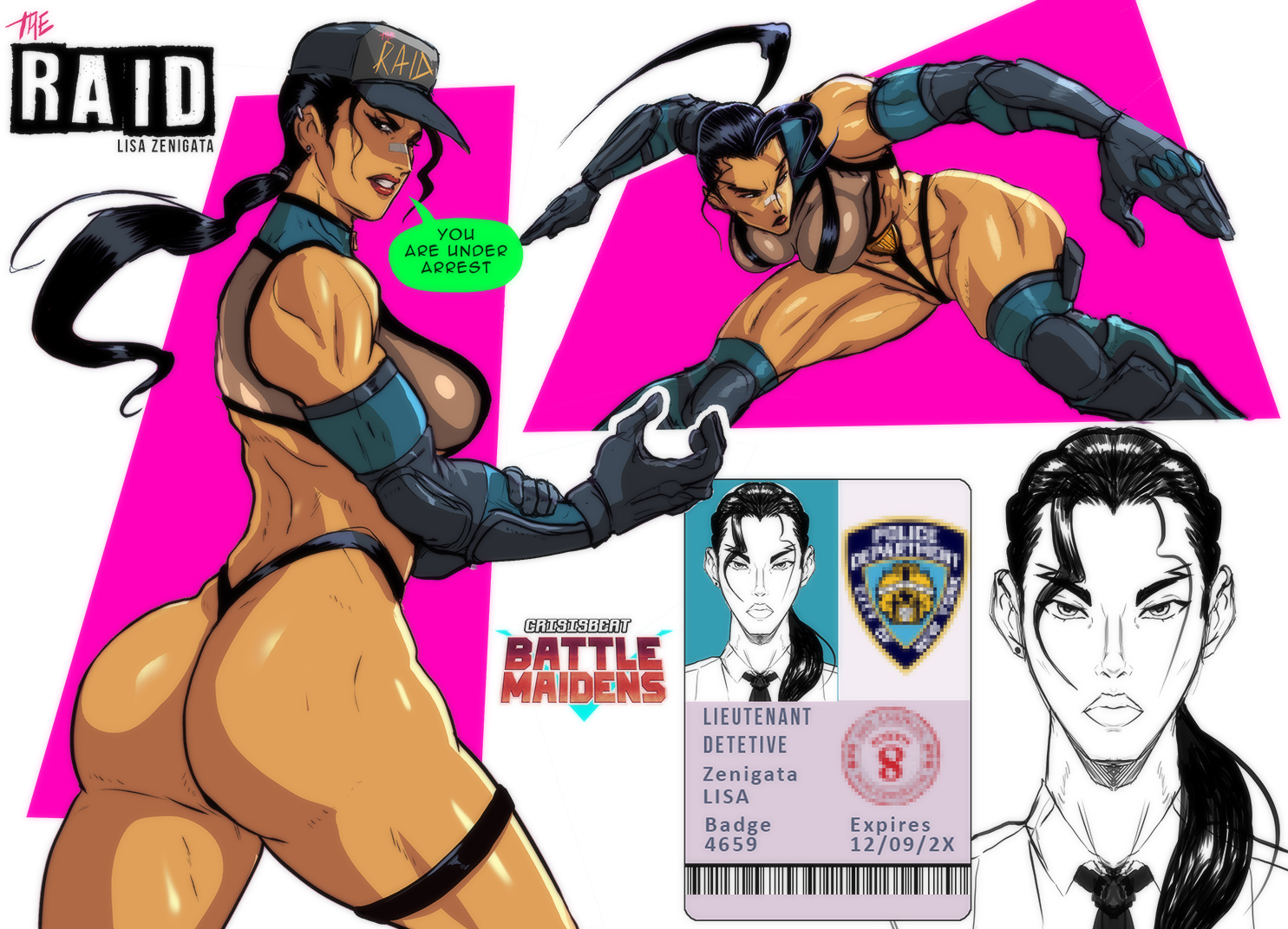 1girls, athletic, athletic female, battle maidens, boots, breasts, busty, clothing, crisisbeat, digital drawing (artwork), digital media (artwork), female, gloves, hips, hourglass figure, legs, light skin, light-skinned female, lips, lipstick, lisa zenigata, medium breasts, partially clothed, police, policewoman, skimpy, thighs, toned, toned female, voluptuous, wrestler, wrestling, wrestling outfit