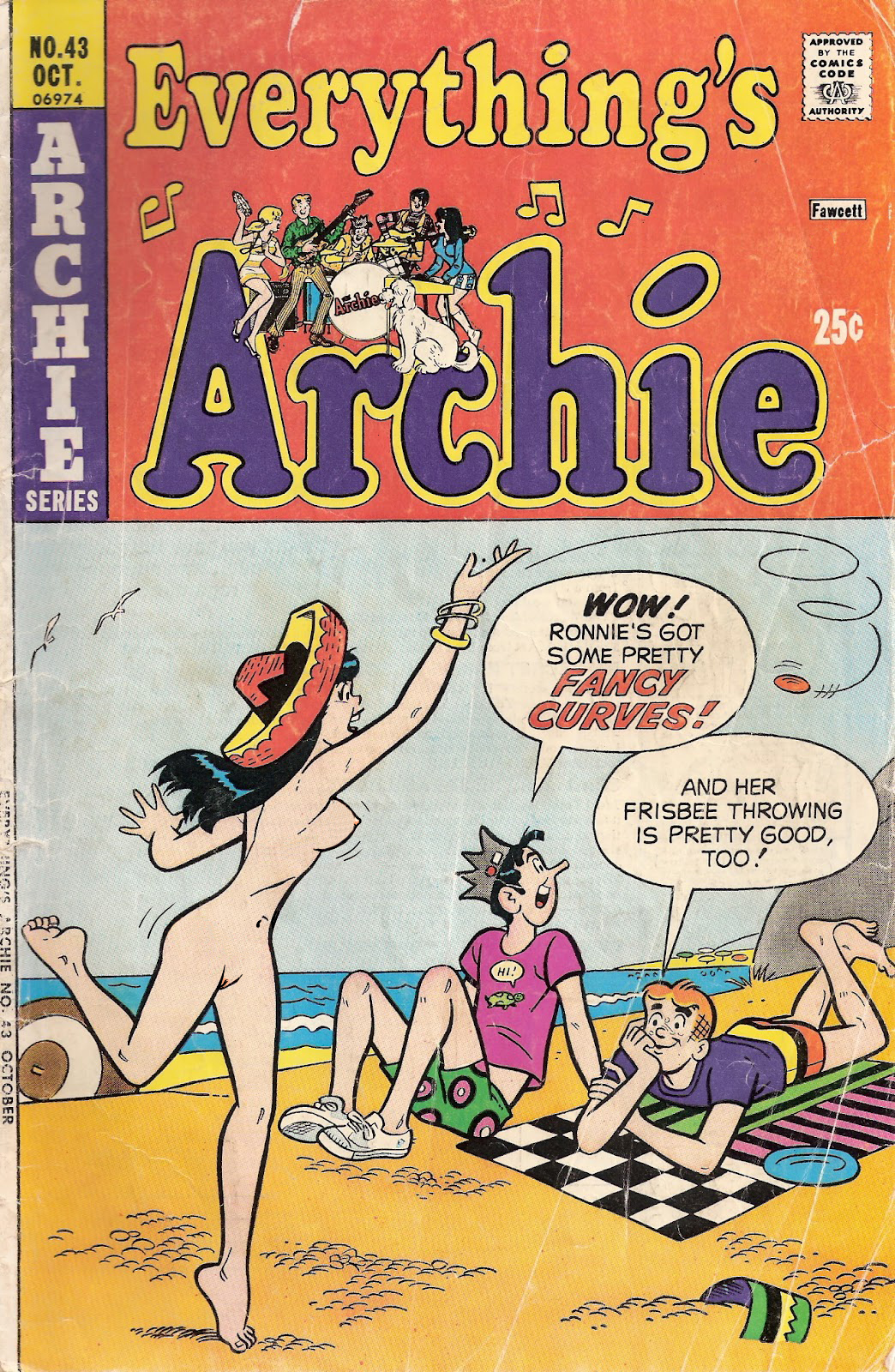 1girls 2boys archie_andrews archie_comics barefoot beach beach_towel black_hair bouncing_breasts breasts comic comic_cover dark_hair edit edited_official_artwork feet female frisbee hat_only jughead_jones male moriartyhide mostly_nude mostly_nude_female nude_female shaved_pussy sombrero tagme veronica_lodge