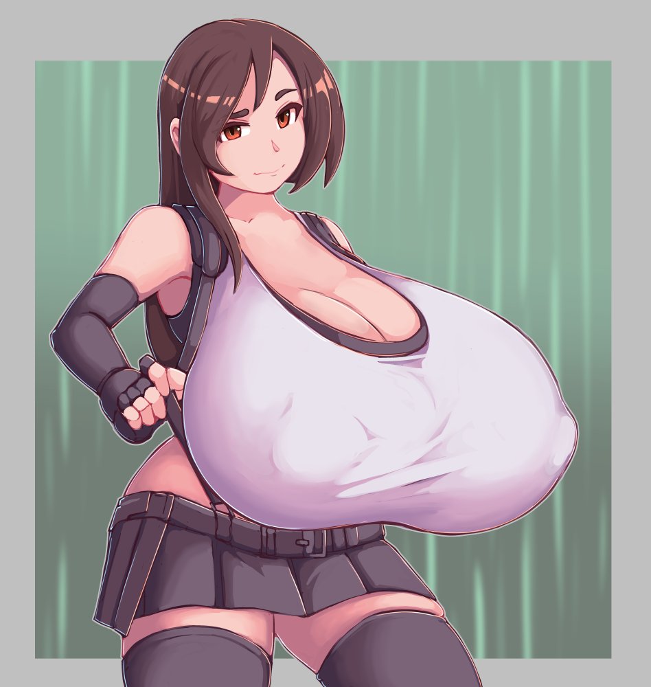 1girls, alternate breast size, breasts, cleavage, female, female only, final fantasy, final fantasy vii, gigantic breasts, huge breasts, hyper breasts, kittenboogers, looking at viewer, solo, thighhighs, tifa lockhart