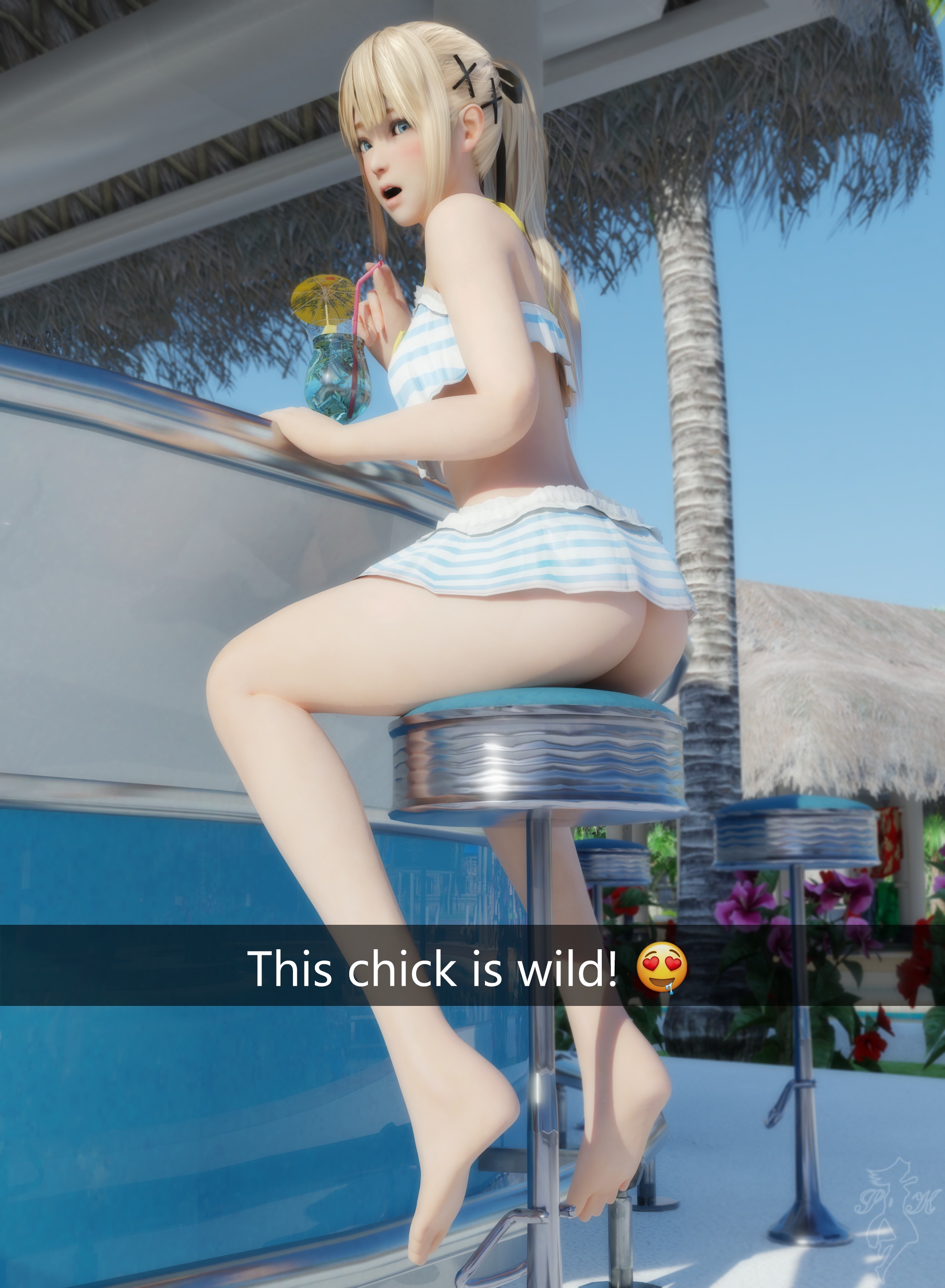 1girls, 3d, alternate hairstyle, ass, bikini, blonde female, blonde hair, blonde-haired female, blush, clothed, clothing, dead or alive, dead or alive 5, english text, female, female only, hair ribbon, long hair, looking at viewer, looking back, marie rose, open mouth, petite, ponytail, sitting, skirt, snapchat, snow kitsune, solo, swimsuit, text