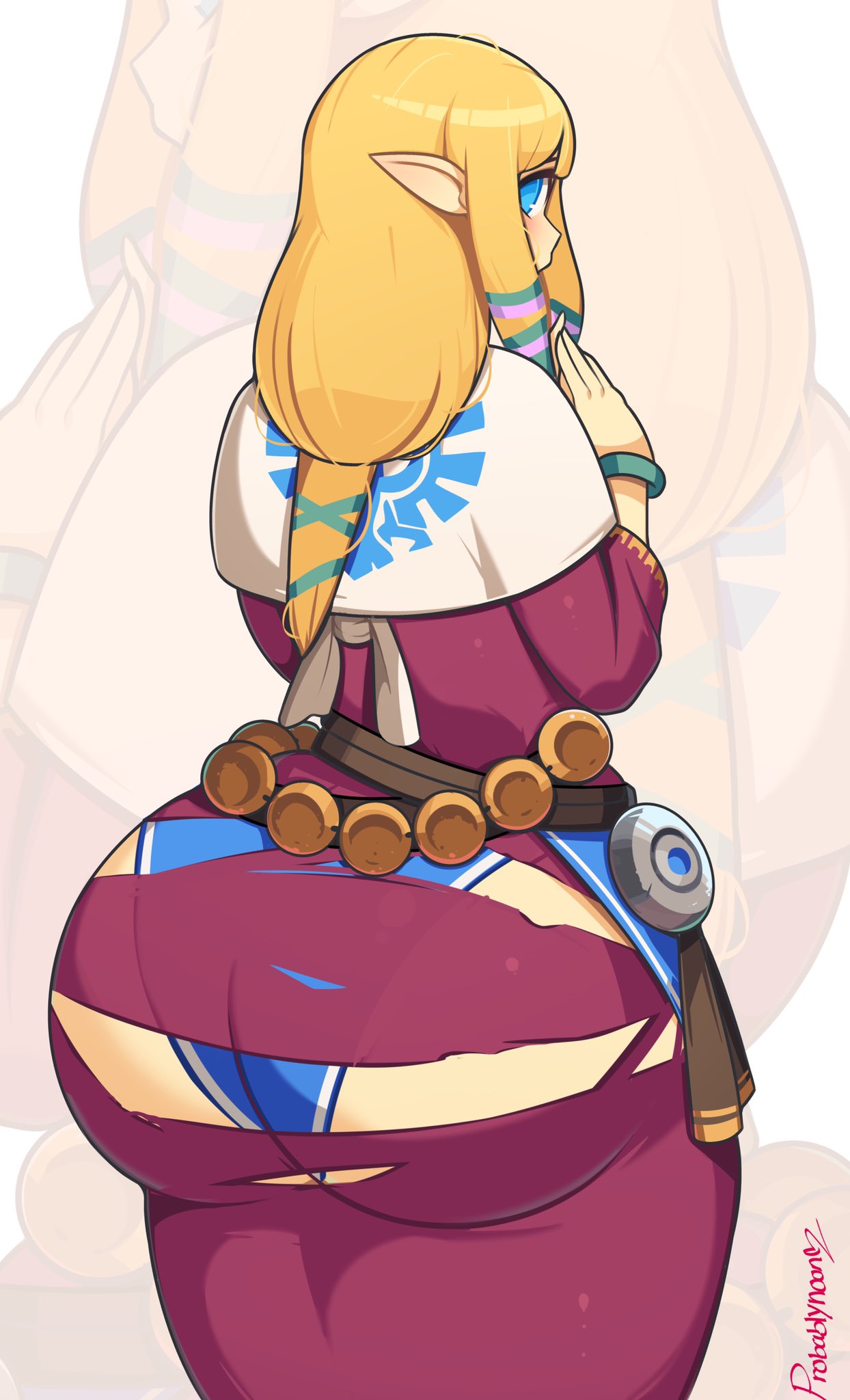 1girls, ass, ass focus, ass in dress, big ass, big butt, bimbo, blonde hair, blue eyes, blush, bracelet, bubble ass, bubble butt, caked up, cheesecake, dress, elf, elf ears, embarrassed female, fat ass, fat butt, female, fully clothed, huge ass, hyper, hyper ass, looking back, nintendo, panties, pantylines, plump, plump ass, pointed ears, pointy ears, ponytail, princess zelda, probablynoon, ripped clothes, shy, simple background, skyward sword, the legend of zelda, thick, thick ass, tight dress, tight fit, wardrobe malfunction, wide hips, zelda (skyward sword)