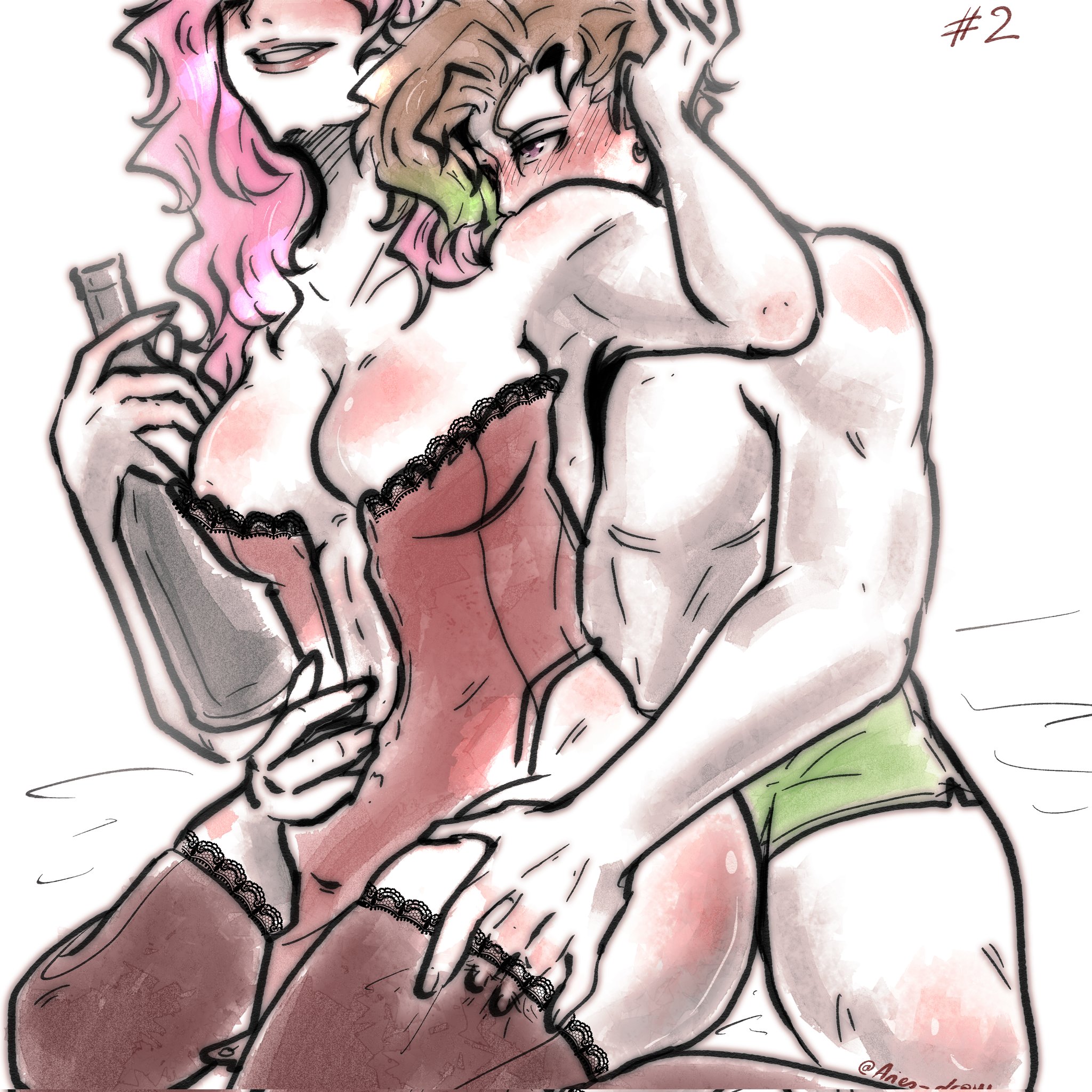 1boy, 1girls, aries draw, bbw, big breasts, black clover, blush, boxer briefs, boxers, breasts, briefs, brown hair, busty, cleavage, clothing, couple, drunk, drunk female, drunk sex, duo, duo focus, female, finral roulacase, from behind, from behind position, green highlights, grinding, grinding on penis, grinding through clothes, hand on head, hi res, high quality, high resolution, highres, imminent sex, kneeling, large breasts, legwear, light skin, light-skinned female, light-skinned male, lingerie, lips, lipstick, looking pleasured, makeup, male, male/female, nose blush, on knees, pale skin, pale-skinned female, pale-skinned male, parted lips, partially clothed, penis, pink hair, pink lips, pink lipstick, pleasure face, red lingerie, revealing clothes, romantic, romantic ambiance, romantic couple, spiky hair, stockings, straight, thick thighs, thigh grab, thighhighs, thighs, underwear, vanessa enoteca, very high resolution, wine, wine bottle