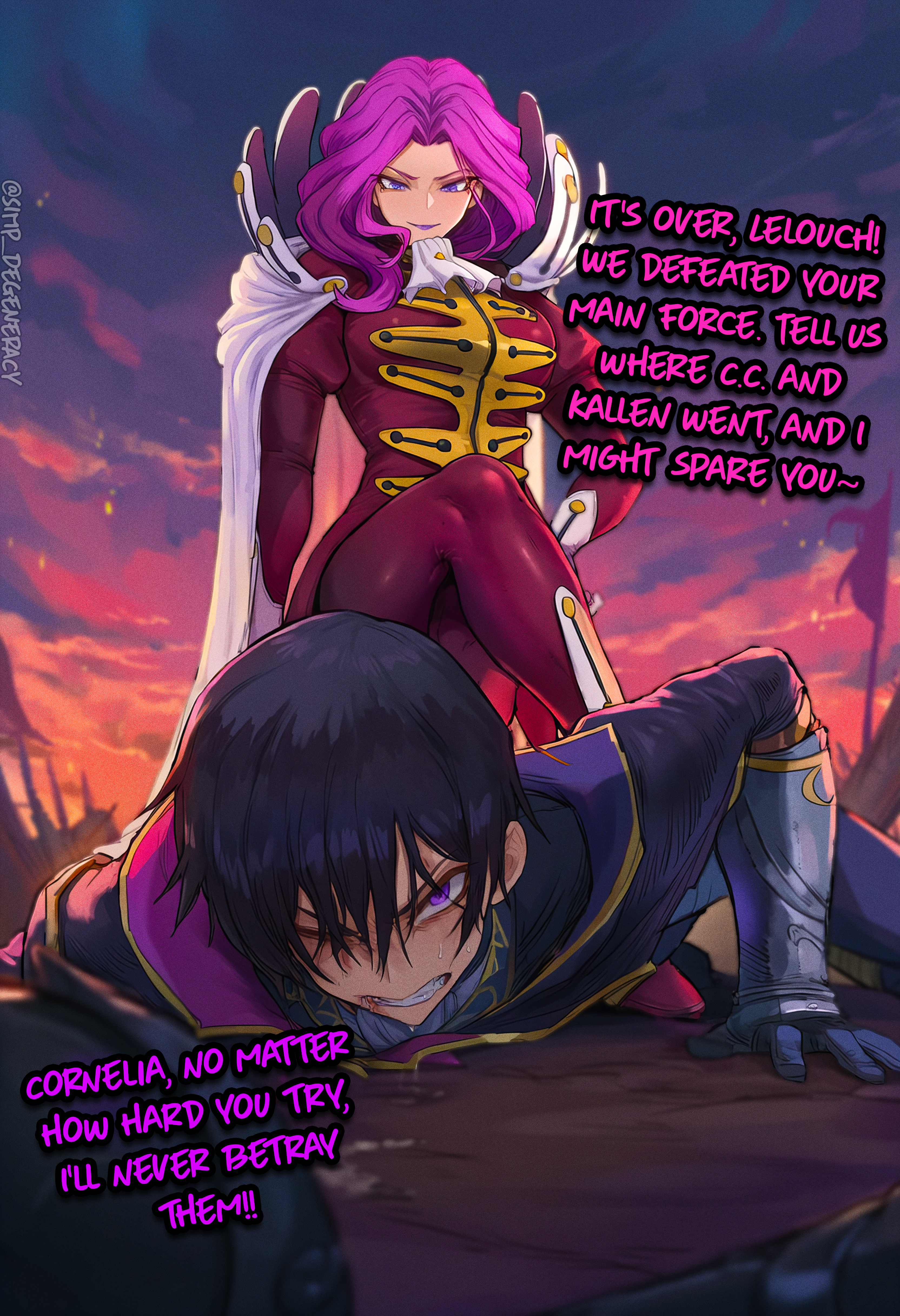 1boy, ai generated, code geass, cornelia li britannia, defeated, female, lelouch lamperouge, male, simp degeneracy