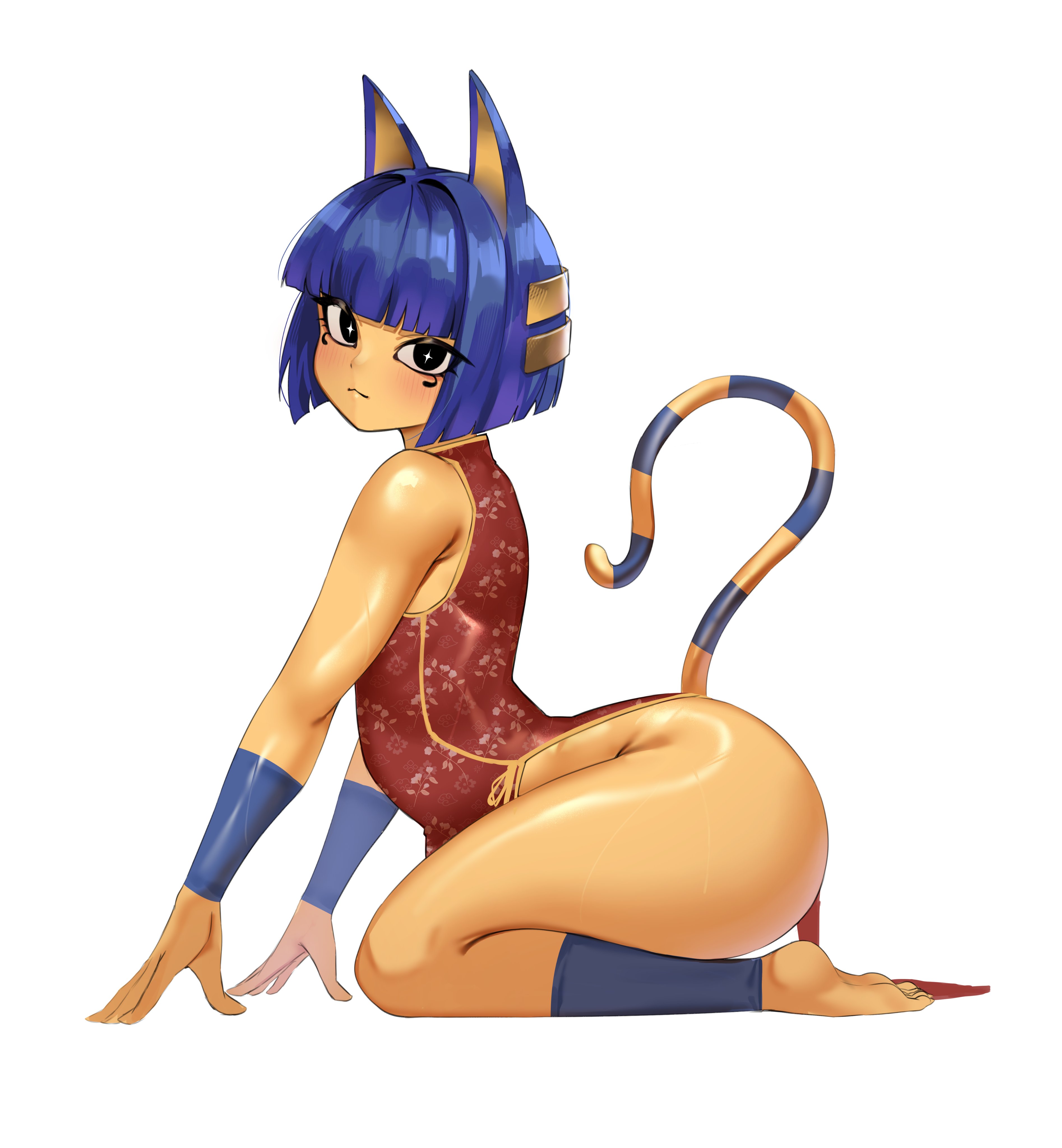 1girls, 8mann, absurdres, animal crossing, animal ears, ankha, ankha (animal crossing), ass, barefoot, black eyes, blue hair, blunt bangs, blunt ends, blush, cat ears, cat girl, cat tail, china dress, chinese clothes, closed mouth, colored skin, commentary, dress, eyelashes, feet, female, female only, from side, full body, furry, furry female, highres, looking at viewer, nintendo, red dress, ryno-tenki, short hair, simple background, smile, soles, solo, tail, thick thighs, thighs, white background, yellow skin