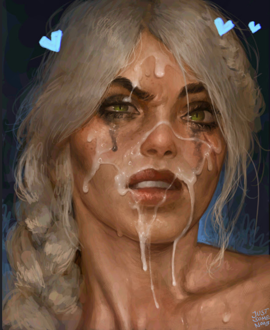 after blowjob, after deepthroat, after fellatio, after oral, angry, angry expression, angry face, ciri, crying, cum, cum on face, facial, female, green eyes, justsomenoob, mascara running, mascara tears, ruined makeup, running makeup, running mascara, runny makeup, runny mascara, scar, scars, semen, silver hair, strong female, teeth, teeth clenched, teeth showing, the witcher (series), the witcher 4, white hair