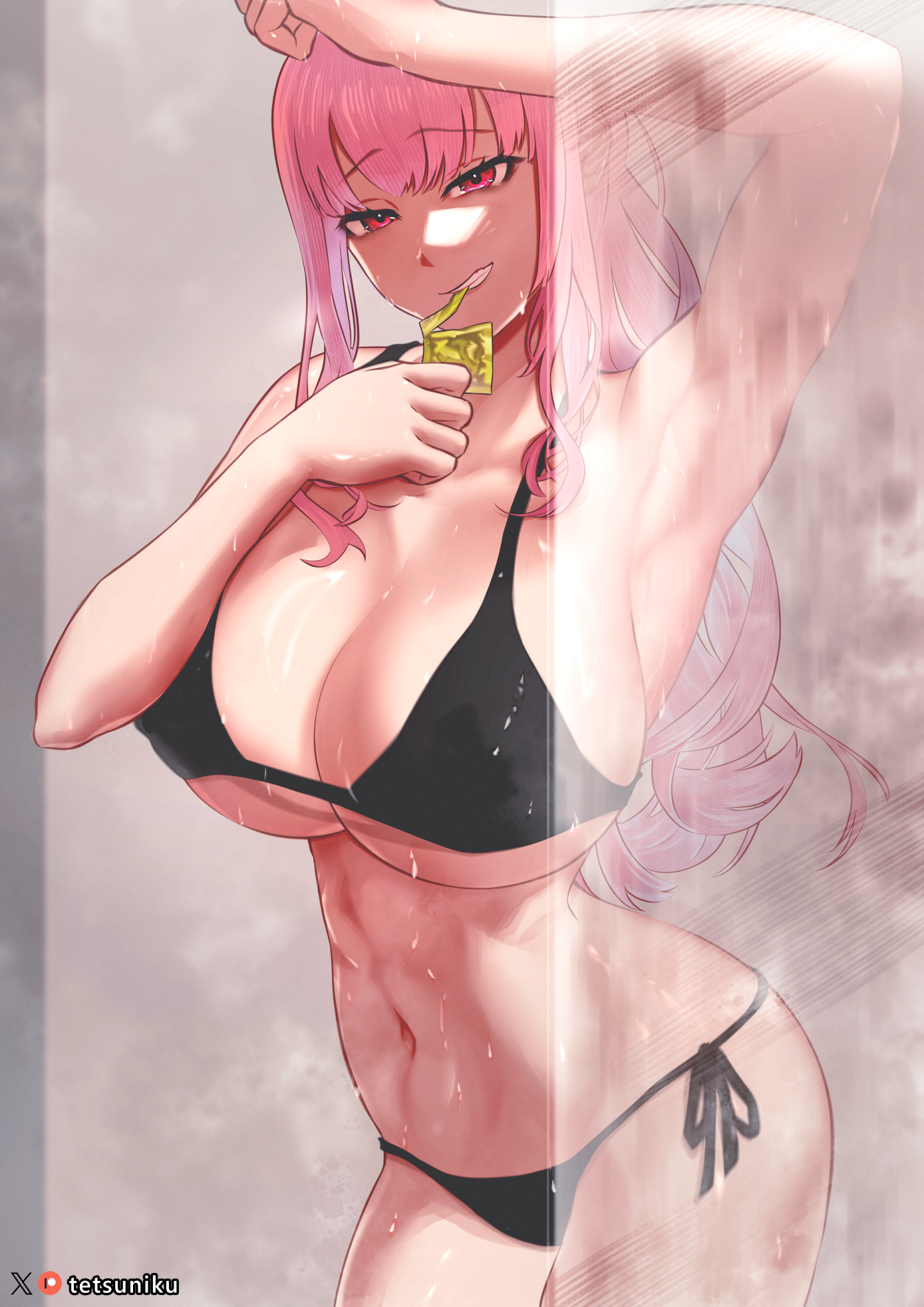 1girls, big breasts, blush, bra, breasts, cleavage, condom, condom in mouth, condom wrapper, female, hololive, hololive english, hololive myth, inviting, inviting to sex, mori calliope, panties, pink hair, red eyes, seductive, shower, smile, solo, steam, sweat, tetsuniku, underwear, virtual youtuber, wet