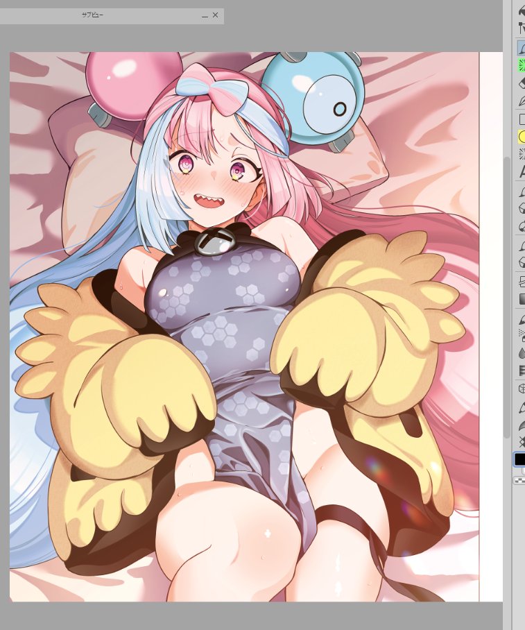 1girls, art program in frame, blue hair, blush, borrowed clothes, breasts, character hair ornament, female, grusha (pokemon), hair ornament, iono (pokemon), jacket, looking at viewer, lying, multicolored hair, nintendo, no panties, open mouth, pillow, pink eyes, pink hair, pokemon, pokemon sv, rogobo (rgb 0127), sharp teeth, solo, sweat, thigh strap, two tone hair, unfinished, wip, yellow jacket