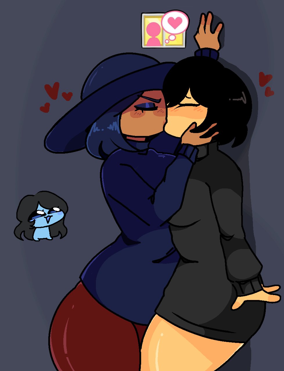2girls, ava (gazoogaloo), black hair, blue eyeshadow, blue hair, blue hat, blush, blush lines, blushing, eyeshadow, female, female focus, female only, kiss, kiss on lips, kissing, lesbian, makeup, mii, nintendo, oc, tomodachi life, yuri, zamzipperart