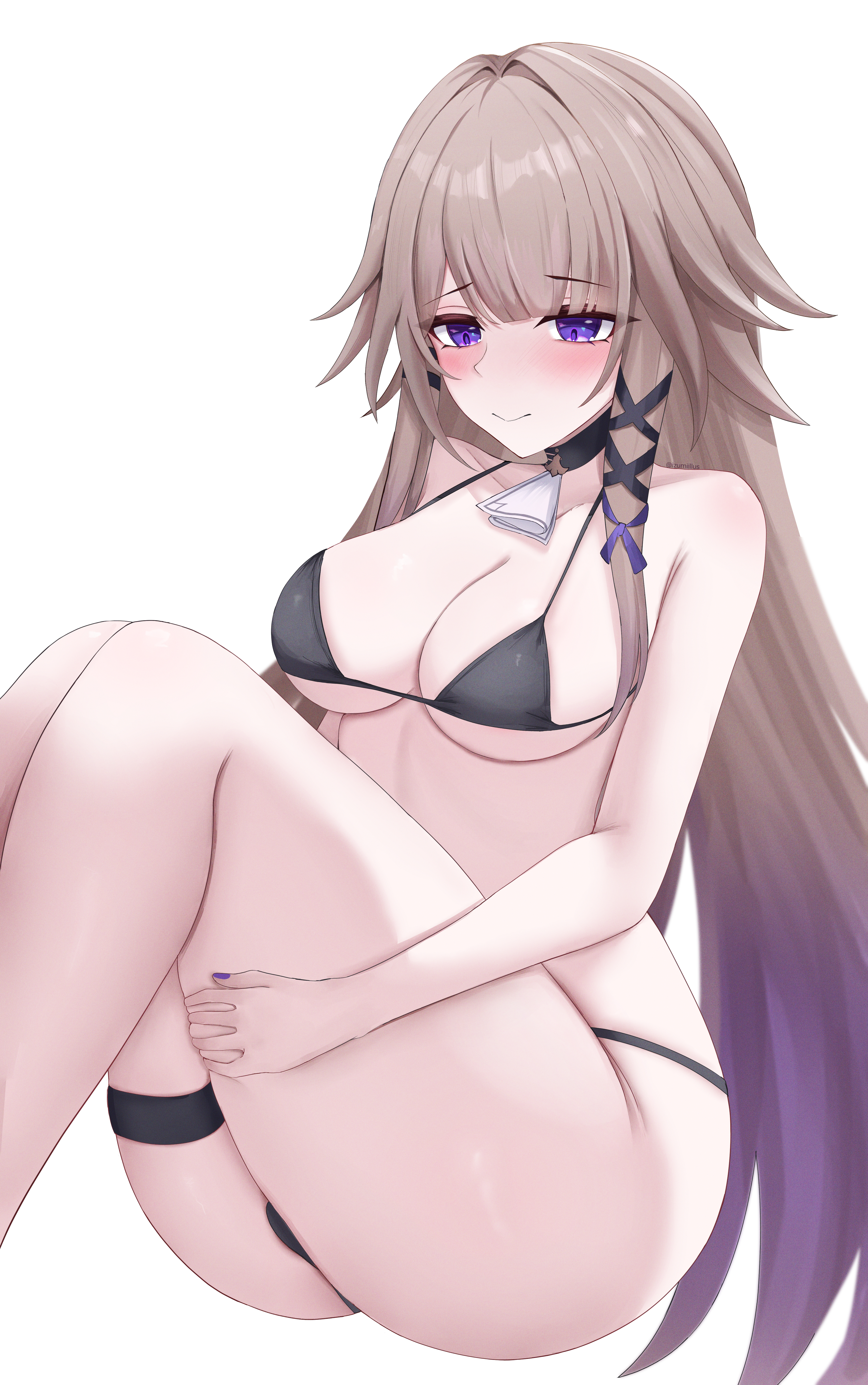 1girls, ass visible through thighs, bent knees, bikini, black bikini, blush, closed mouth, honkai: star rail, huge ass, izumiillus, knees up, large breasts, looking down, micro bikini, nervous smile, purple nails, shy, sitting, smile, the herta (honkai: star rail), thick thighs, wide hips