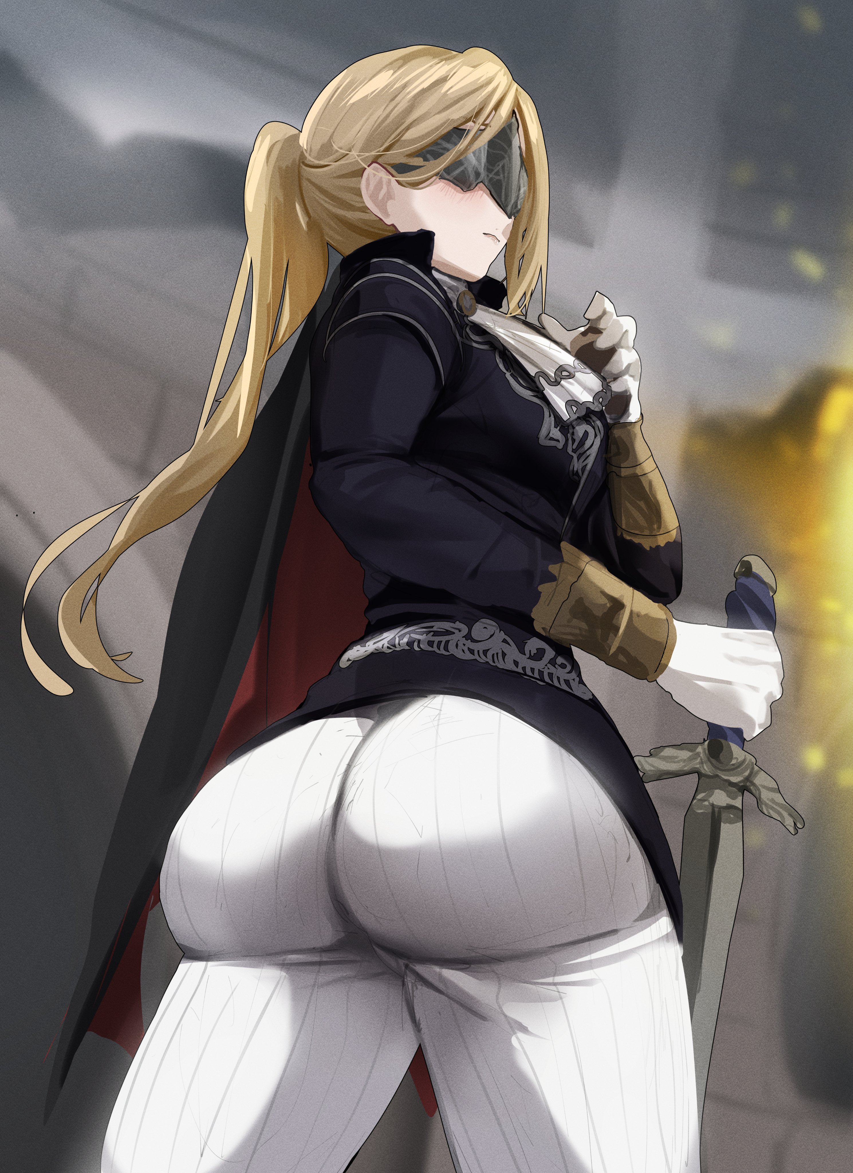 1girls, ass, ass focus, back, back view, behind view, big ass, big butt, blindfold, blindfolded, blonde female, blonde hair, clothed, duchess (elden ring), duchess (nightreign), elden ring, elden ring nightreign, fat ass, female, female only, fromsoftware, full body, huge ass, huge butt, koizumi arata, large ass, large butt, light skin, light-skinned female, ponytail, tagme, thick ass, tight pants