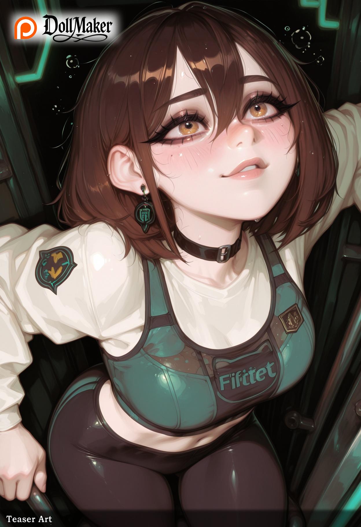 ? ai_generated blush breasts brown_eyes brown_hair choker dollmaker dollmaker_(artist) earrings female hair_between_eyes jewelry looking_at_viewer looking_up patreon_username short_hair smile solo tagme viewfinder