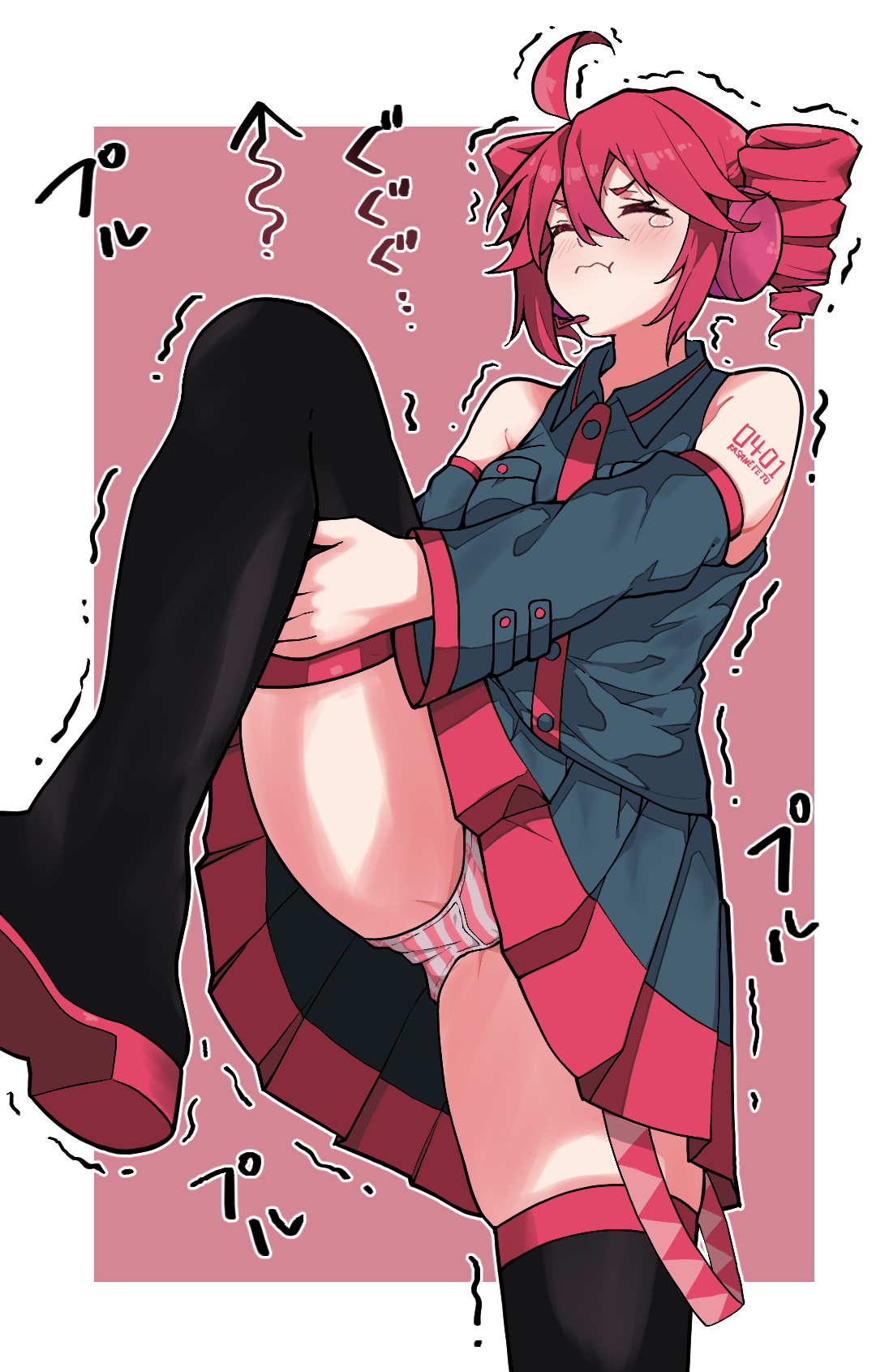 1girls, 2d, 2d (artwork), ahoge, arm tattoo, blush, closed eyes, clothed, clothed female, clothing, detached sleeves, female, female only, fully clothed, headgear, holding leg, kasane teto, leg up, michihirogswr, motion lines, panties, panty peek, pantyshot, pout, red hair, simple background, skindentation, skirt, solo, solo female, stretching, striped panties, tattoo, tears, thick thighs, thighhigh boots, thighhighs, thighs, trembling, twin drills, upskirt, utau