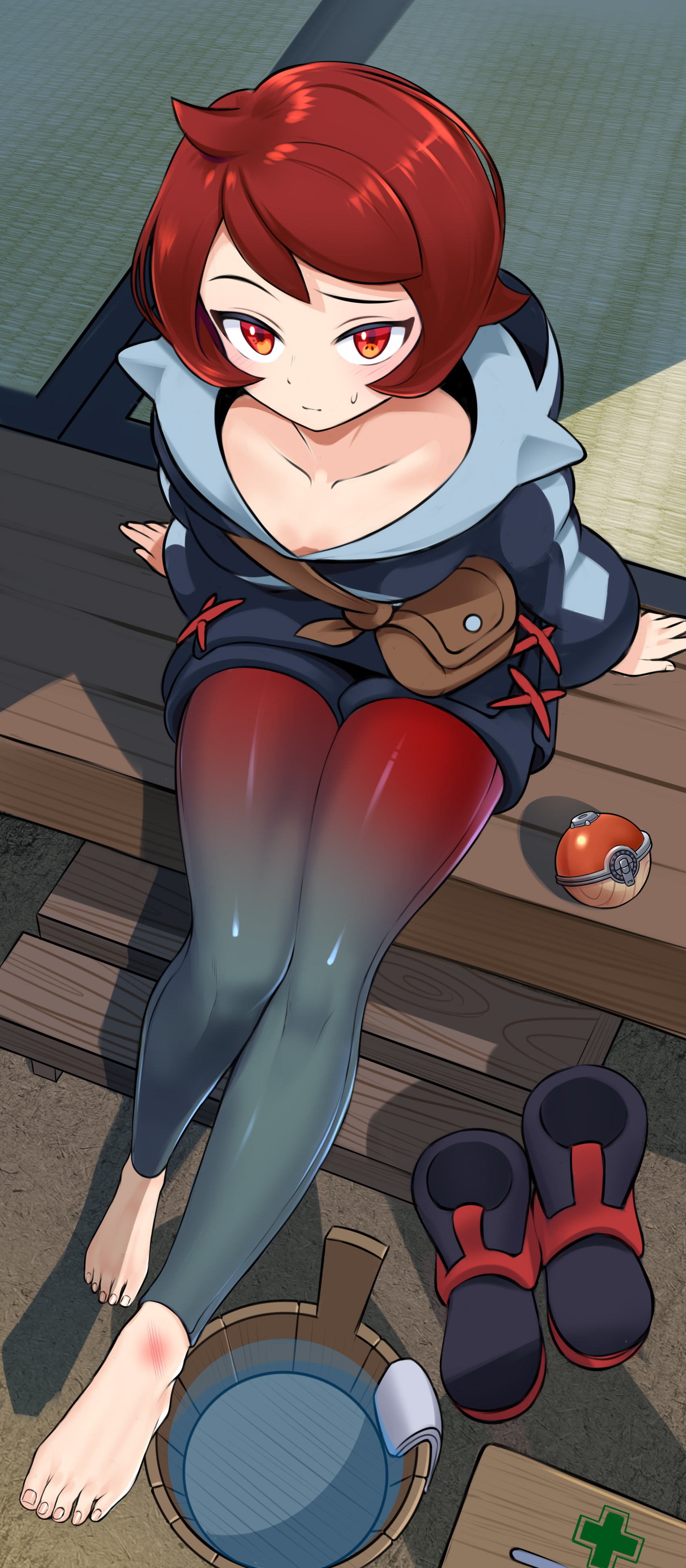 1girls, absurdres, arezu (pokemon), bag, barefoot, blue shorts, blue sweater, bucket, bucket of water, collarbone, feet, female, female only, first aid kit, from above, gradient legwear, grey pantyhose, handbag, highres, injury, looking at viewer, looking up, nintendo, pantyhose, pantyhose under shorts, pokemon, red eyes, red hair, red pantyhose, scratches, shoes, short hair, shorts, sitting, solo, sweatdrop, sweater, tatami, thighs, tm (hanamakisan), unworn shoes, water, wooden floor