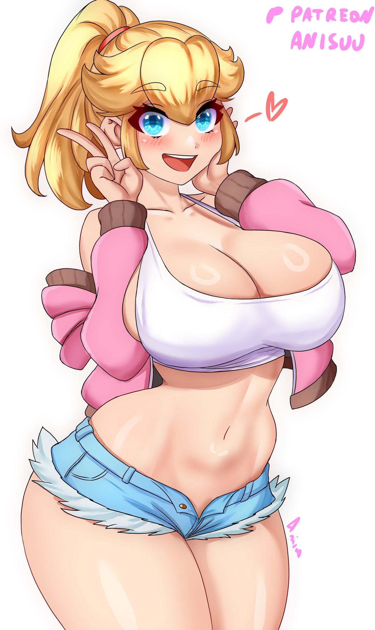 1girls, alternate hairstyle, anisdrawn, big breasts, blonde hair, blue eyes, breasts, busty, female, female focus, female only, hand on face, hi res, large breasts, legs, light skin, light-skinned female, long hair, looking at viewer, mario (series), mario kart, mario kart world, massive breasts, midriff, navel, official alternate costume, peace sign, ponytail, princess peach, princess peach (touring), short shorts, shorts, smile, solo, thick thighs, thighs, toned, white background, wide hips