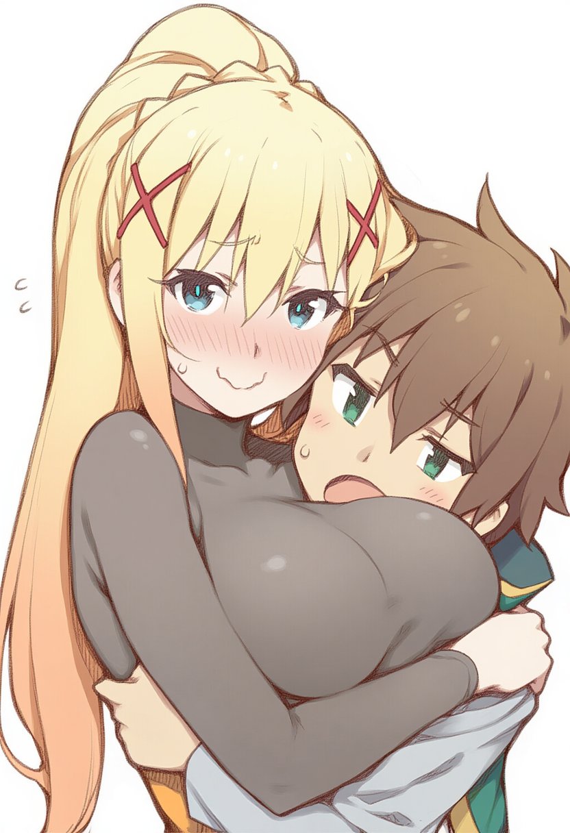 1boy, 1girls, ai generated, blonde hair, blush, breasts, cuddling, darkness (konosuba), female, hug, huge breasts, jei games, kono subarashii sekai ni shukufuku wo!, long hair, looking at viewer, male, satou kazuma, shorter male/taller female, sweatdrop, white background