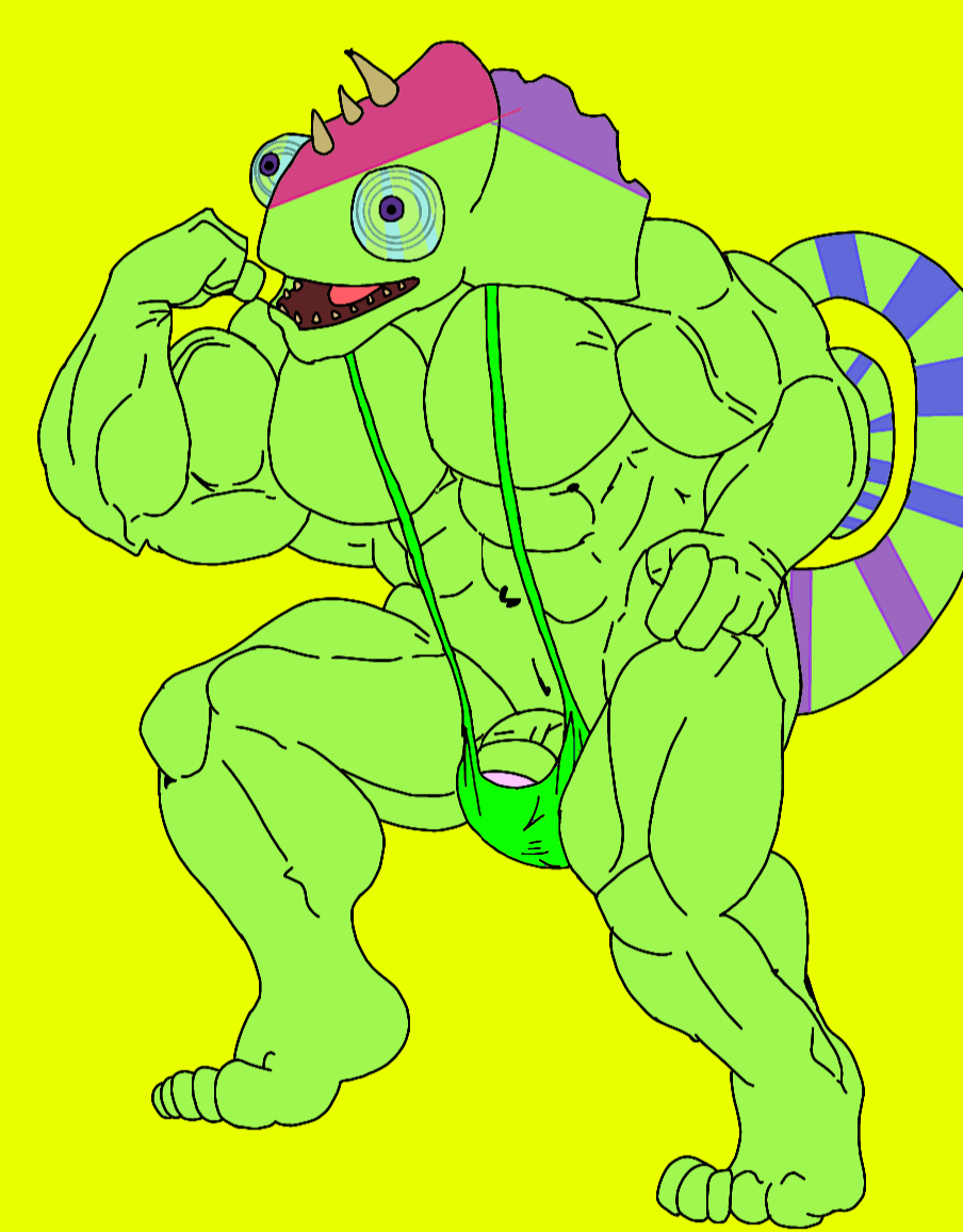 anthro_on_anthro bara biceps blue_sclera buff bulge bulge_through_clothing bulge_through_swimsuit bulge_through_underwear bulge_under_clothes bulge_under_swimsuit chameleon chameleon_humanoid chameleon_tail clothed color colored colored_skin colored_tail comic ethereal ethereal_island ethereal_monster flex flexing flexing_arm flexing_muscles gay green_body green_mankini green_skin green_thong imageboard kazilleon kazilleon_(my_singing_monsters) lime_background lizard mankini muscular muscular_male pecs penis purple_eyes purple_pupils sexy smiling thong traced traced_art yellow_background