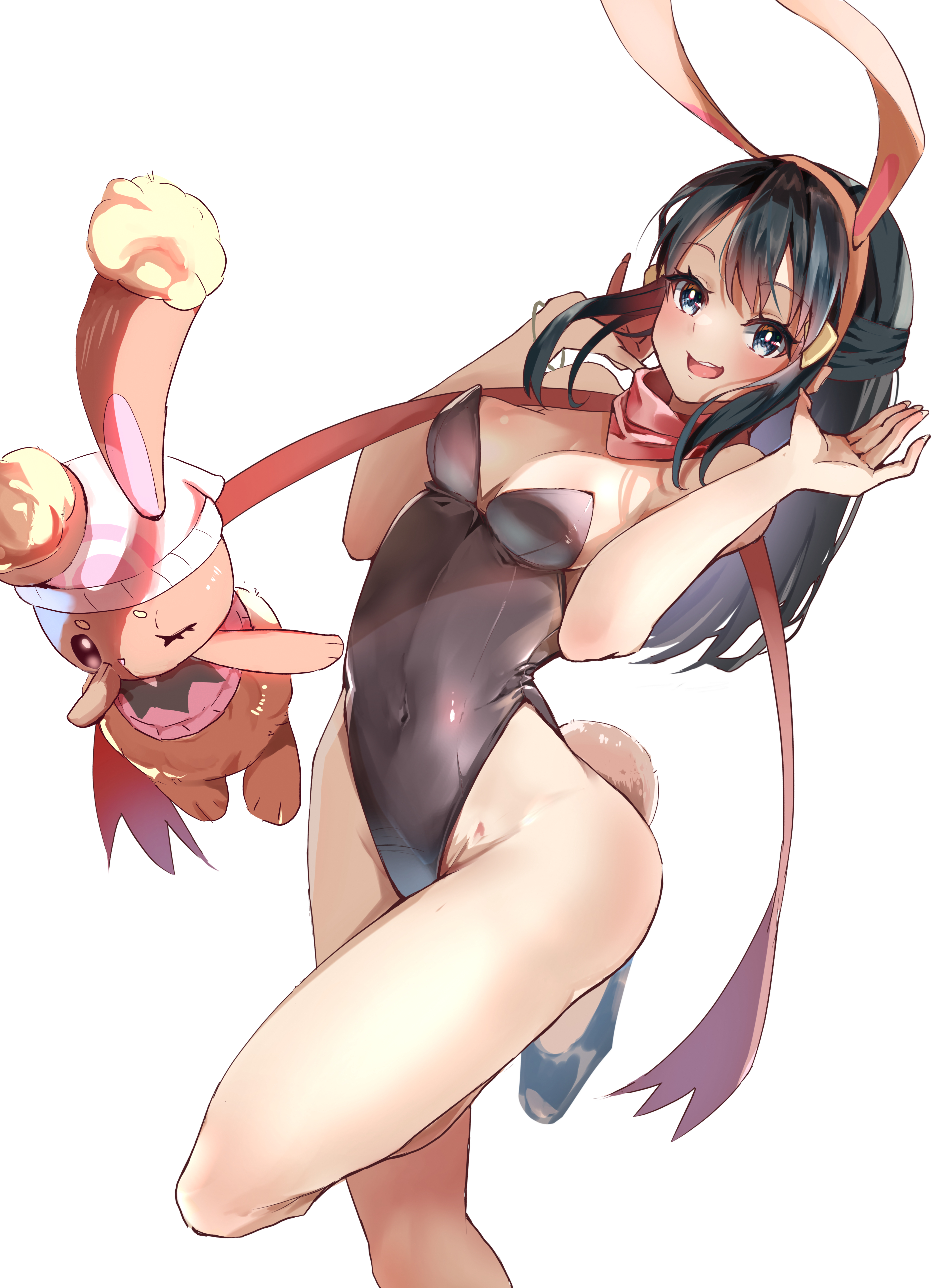 alternate costume, bare arms, bare legs, bare shoulders, bare thighs, belly button visible through clothing, black leotard, blue eyes, blue hair, blush, breasts, buneary, bunny ears, bunnysuit, cleavage, cosplay, dawn (pokemon), dawn (pokemon) (cosplay), female, highleg leotard, leotard, long hair, medium breasts, momdy (talesshinja), parted lips, pokemon, scarf, smile, thighs