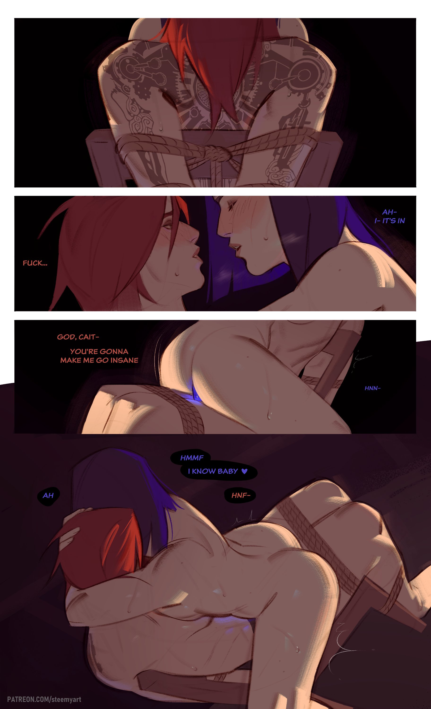 2girls, arcane, arcane caitlyn, arcane vi, bondage, bound ankles, bound arms, bound legs, bound to chair, caitlyn kiramman, canon couple, dialogue, female, female only, hexstrap, hugging, league of legends, lesbian sex, pink hair, purple hair, riding, riding dildo, riding strap-on, steemyart, straddling, straddling lap, strap-on, strap-on sex, strapon, sweat, talking to partner, tattoo, vi, yuri
