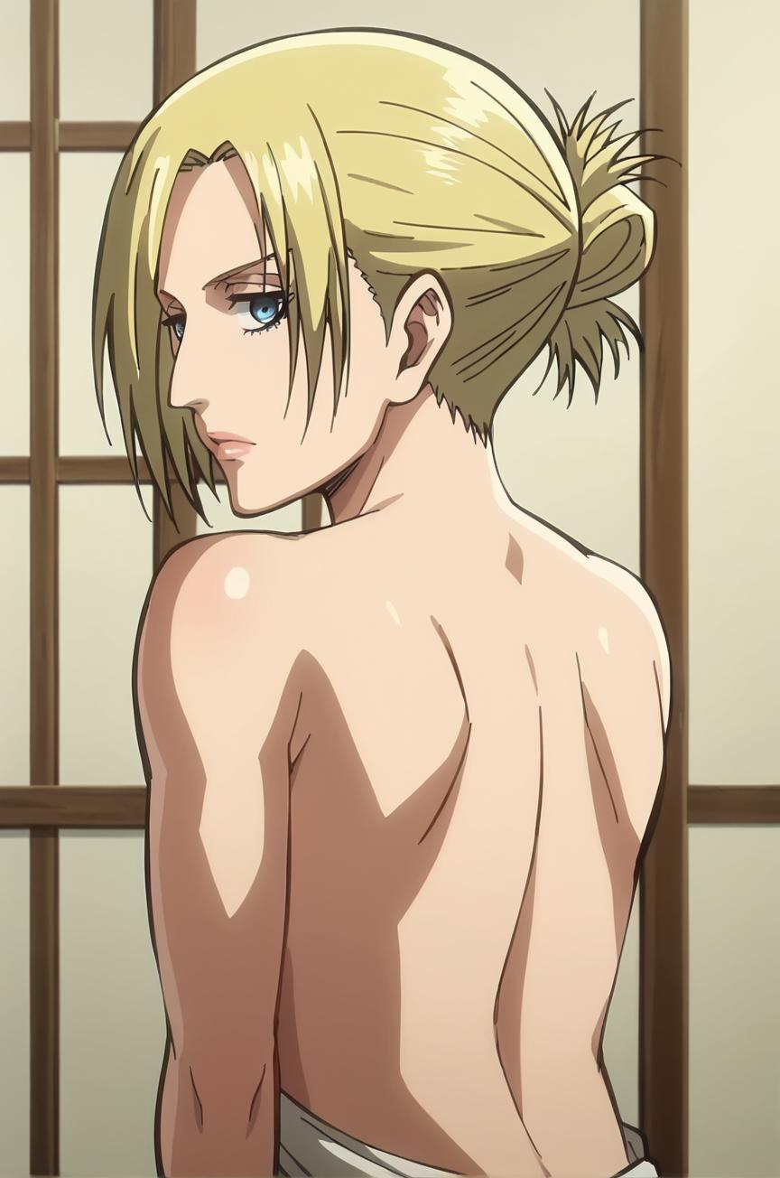 ai_generated annie_leonhardt back bare_back blonde_hair blue_eyes from_behind indoors shoulder_blades solo upper_body