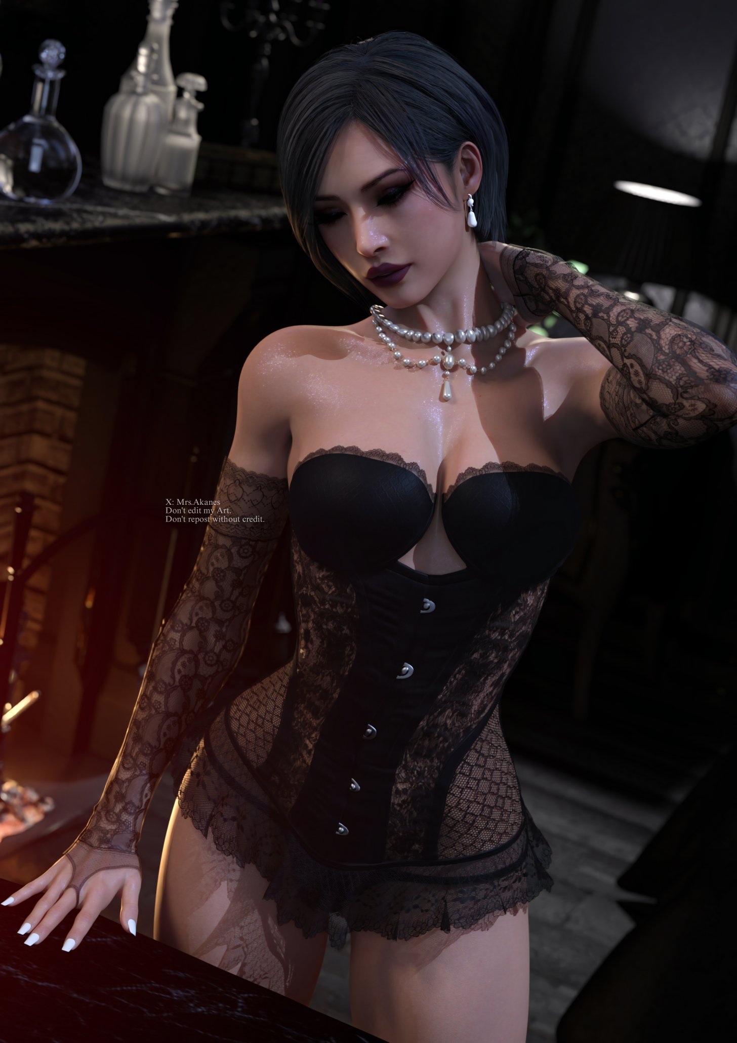 1girls, 3d, 3d (artwork), 3d model, 3d render, ada wong, asian, asian female, black hair, brown eyes, closed eyes, clothed, corset, corset bra, dark lipstick, earrings, elbow gloves, elbow sleeve, elegant, eyeshadow, female, fireplace, fit, fit female, flasks, gloves, highres, hourglass figure, jewelry, lace, light skin, light-skinned female, lingerie, lingerie only, lipstick, makeup, mrs.akanes, painted nails, panties, pearl necklace, realistic, resident evil, resident evil 4, resident evil 4 remake, see-through, see-through clothing, short hair, sleeves, solo, teardrop earrings
