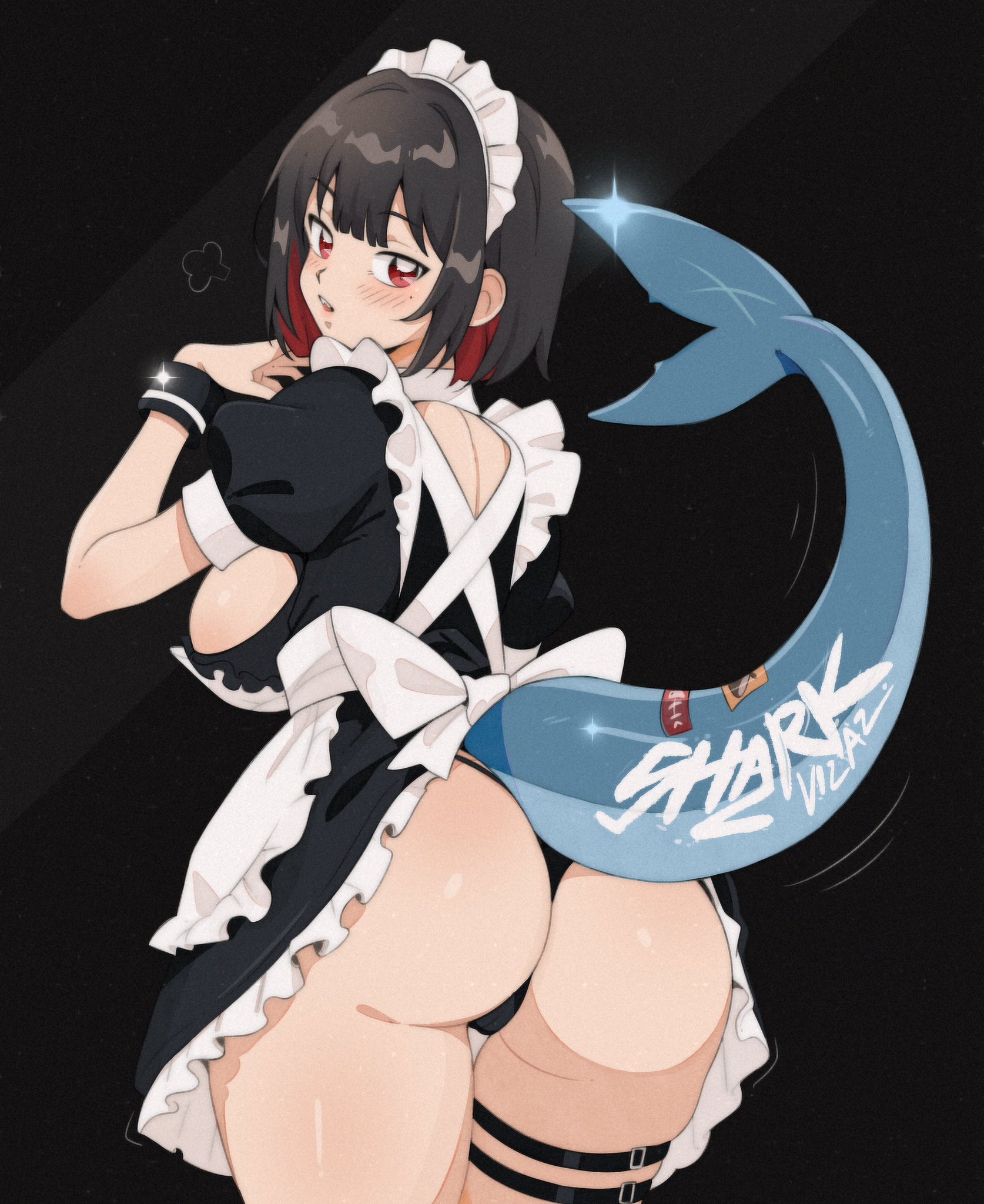 1girls, 2024, ass, black hair, blush, ellen joe, female, female only, hi res, looking at viewer, looking back, looking back at viewer, maid, maid headdress, maid uniform, mihoyo, rear view, red eyes, red hair, shark girl, shark tail, solo, tail, tail up, thick ass, two-tone hair, vizaz, zenless zone zero