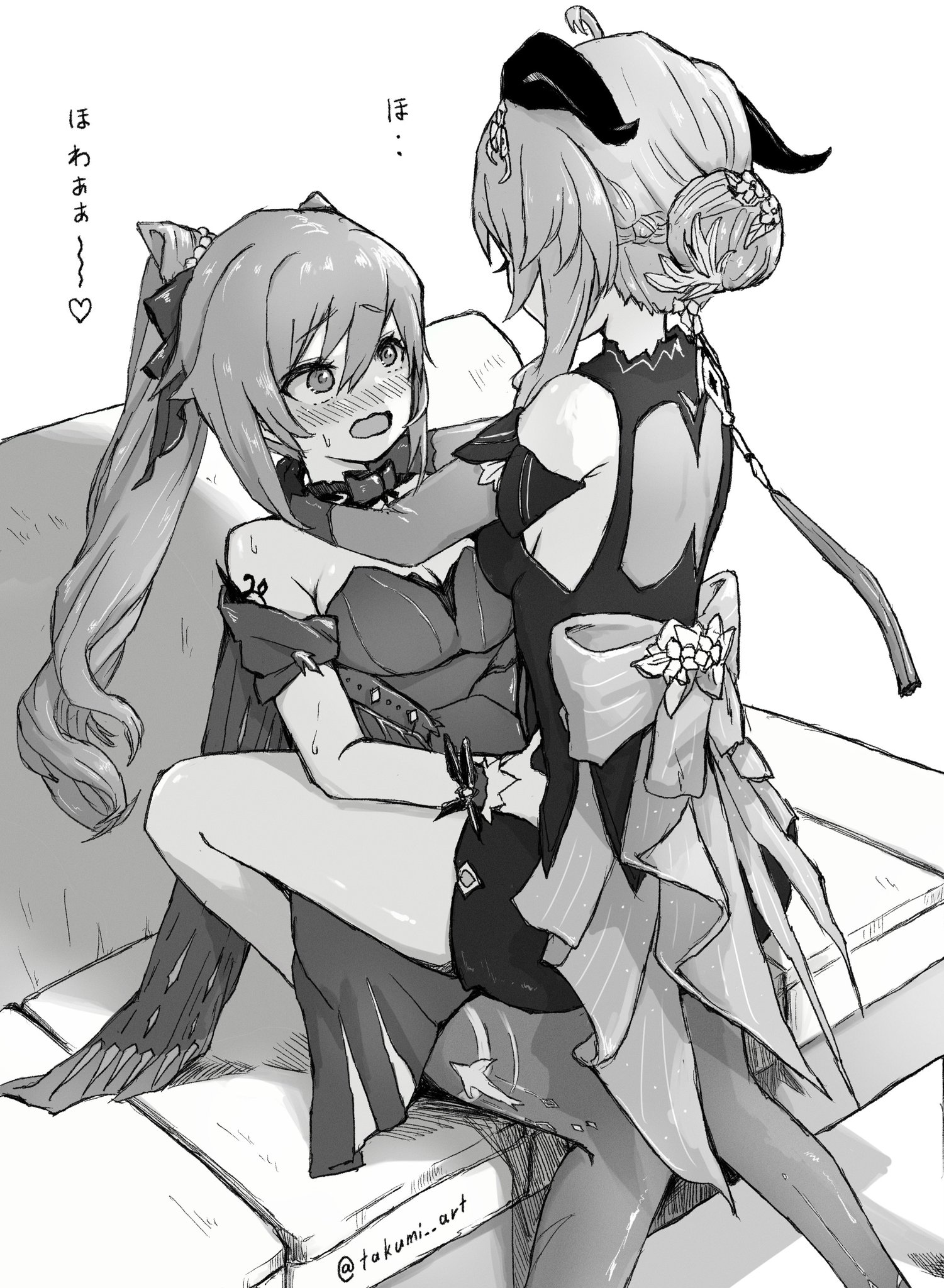 2girls, female, female only, ganyu (genshin impact), genshin impact, hand on hip, hand on neck, horn, horns, keqing (genshin impact), lesbian sex, long hair, short hair, sitting, sitting on person, takumi, twintails, yuri