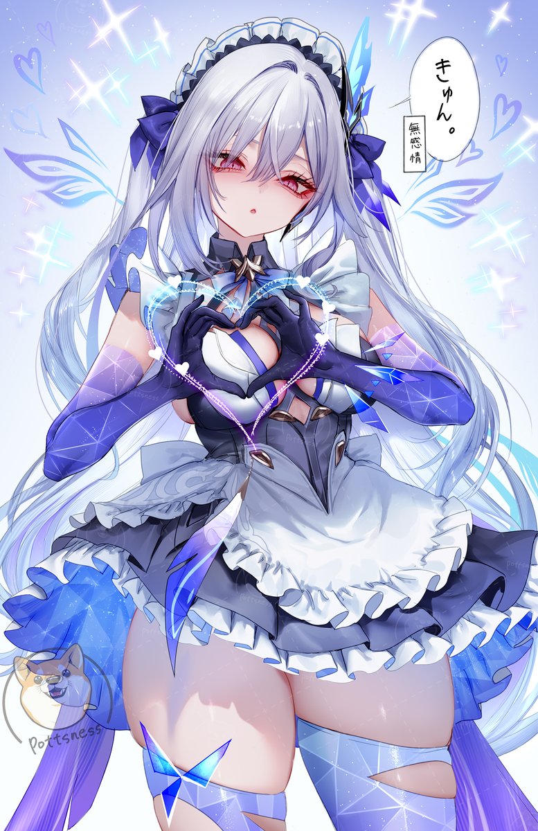 1girls, breasts, female, female focus, female only, genshin impact, heart hands, large breasts, light skin, light-skinned female, looking at viewer, maid, maid uniform, pottsness, skirk (genshin impact), solo, thick thighs, thighhighs, thighs, white background, wide hips