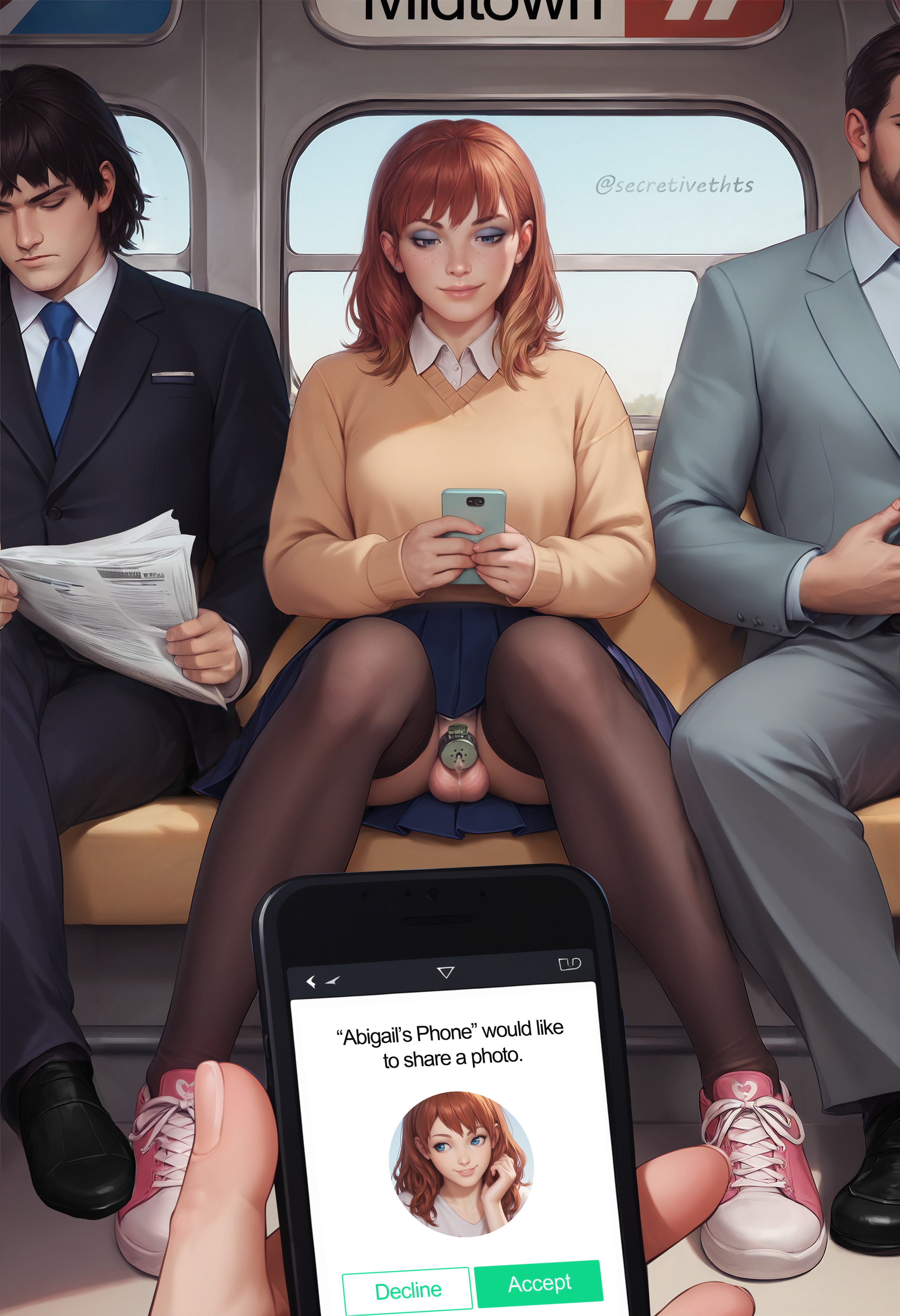 1boy, ai generated, chastity cage, femboy, flat chastity cage, leaking precum, male, pov, precum, public, secretivethoughts (artist), short hair, texting, thighhighs, train, train interior, upskirt