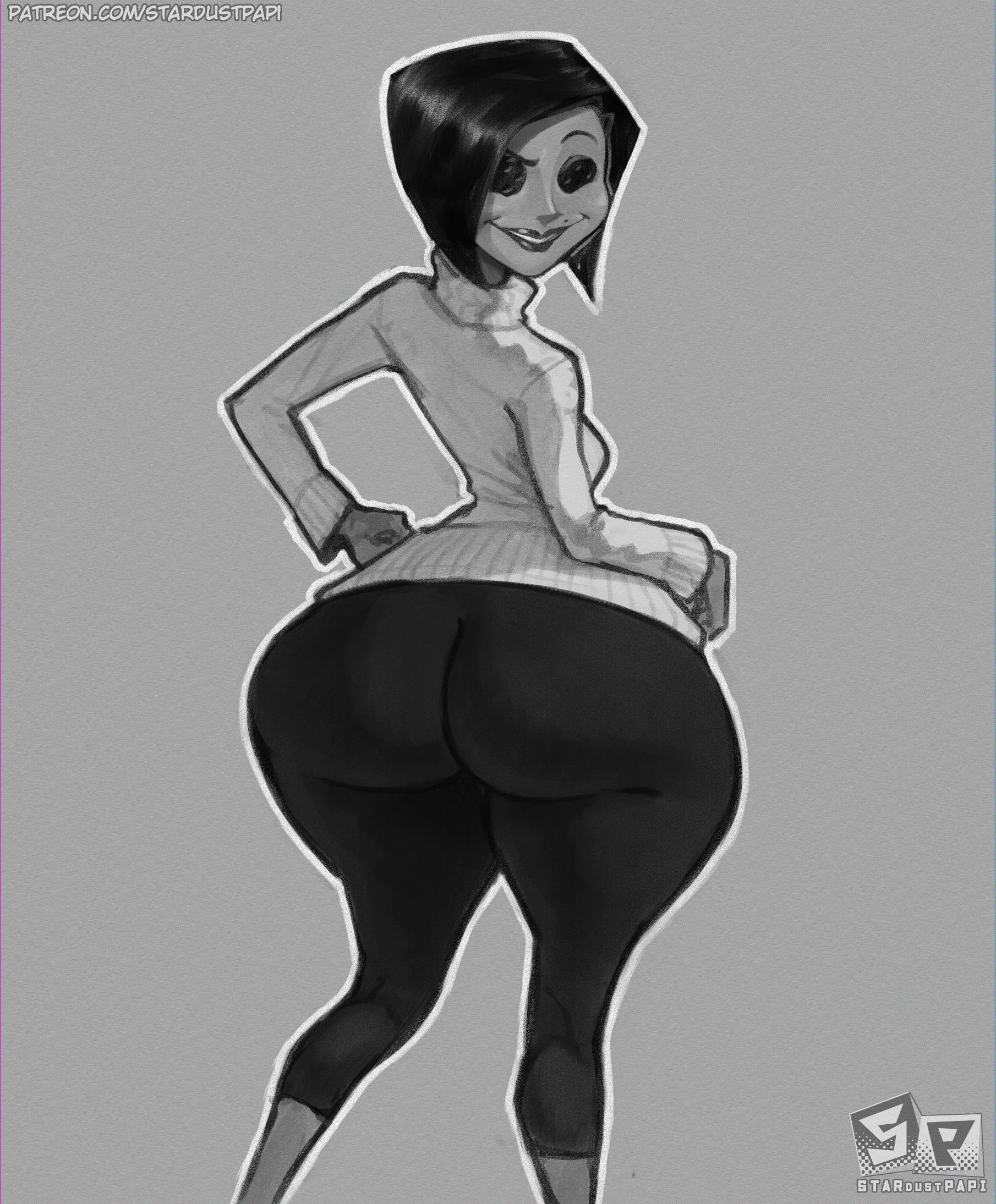 1girl, 1girls, beldam, button eyes, clothed, clothing, coraline, female, female focus, female only, ignantastro, laika studios, looking back, mature, mature female, monochrome, other mother, rear view, sketch, solo, solo female, stardustpapi