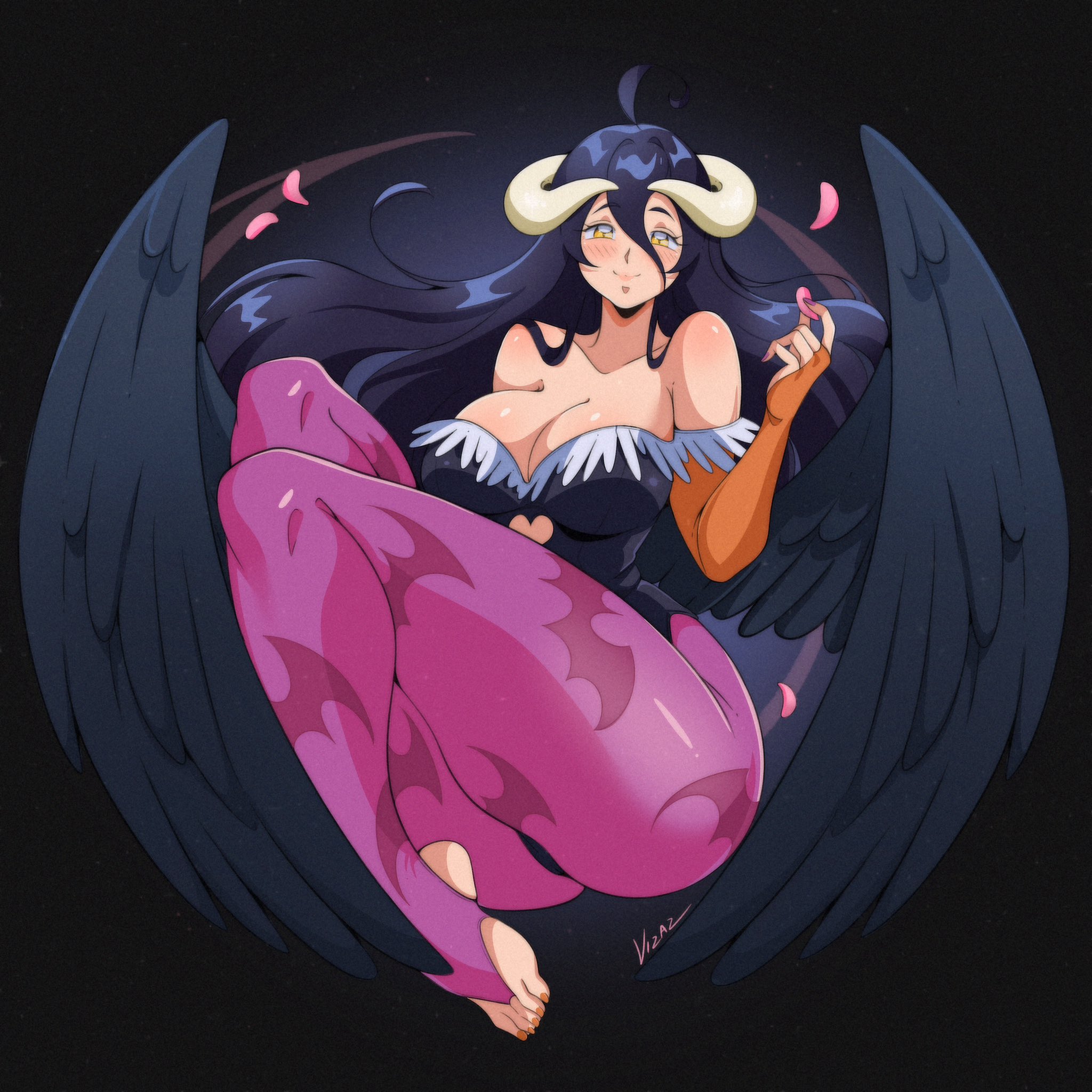1:1, 1girls, 2024, albedo (overlord), animal print, ass, bat print, bent legs, big breasts, black hair, black leotard, blush, breasts, capcom, cleavage, cosplay, darkstalkers, demon, feathered wings, female, female only, hi res, horn, horns, large breasts, leotard, long hair, looking at viewer, morrigan aensland (cosplay), overlord (maruyama), pantyhose, purple pantyhose, smiling, smiling at viewer, solo, succubus, succubus horns, thick thighs, toeless legwear, vizaz, wings, yellow eyes