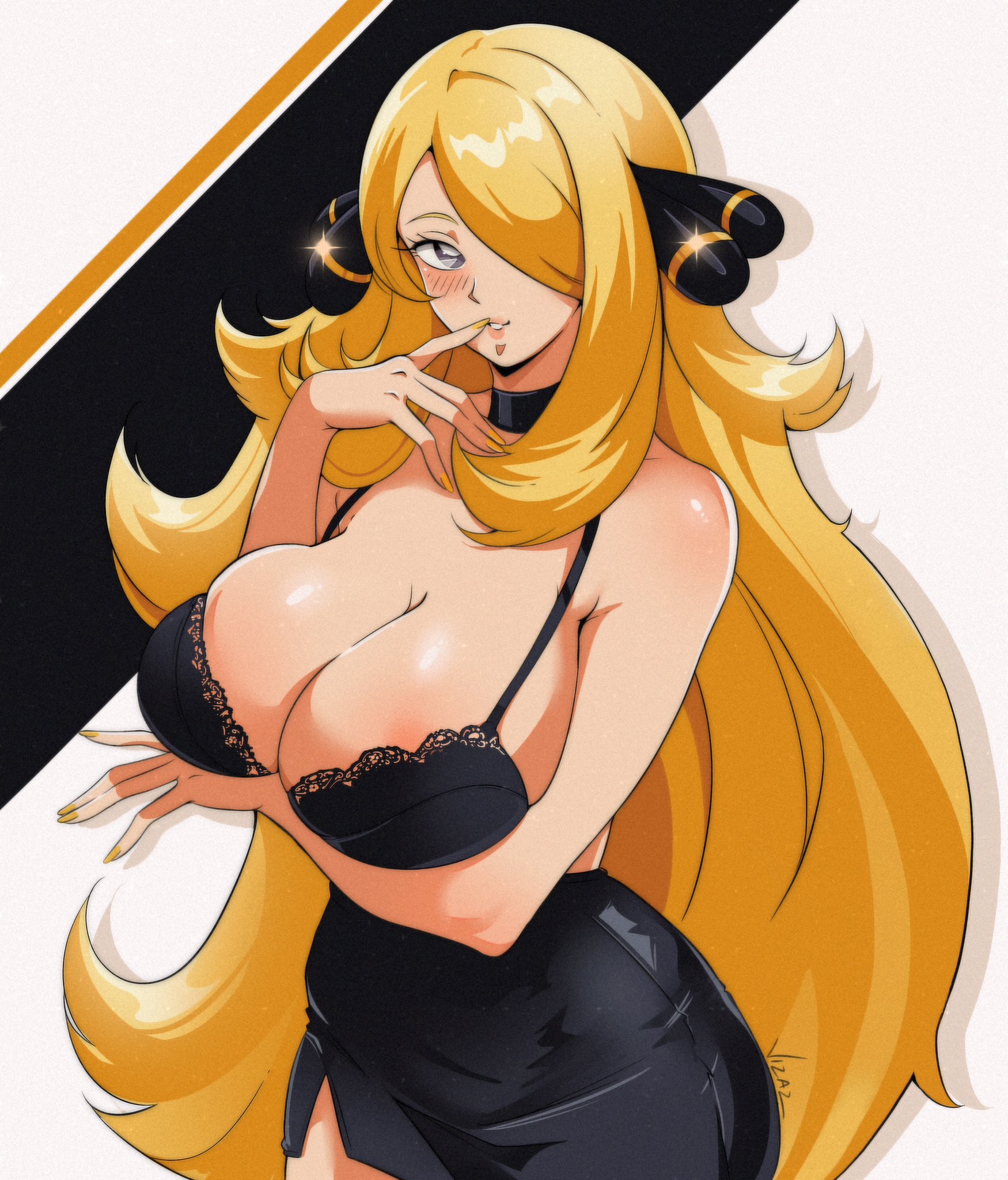 1girls, 2024, arm under breasts, big breasts, black dress, blonde hair, blush, breasts, cleavage, cynthia (pokemon), dress, female, female only, finger to mouth, game freak, hair over one eye, hi res, long hair, looking at viewer, nintendo, pokemon, pokemon dppt, smiling, smiling at viewer, solo, vizaz, yellow nail polish