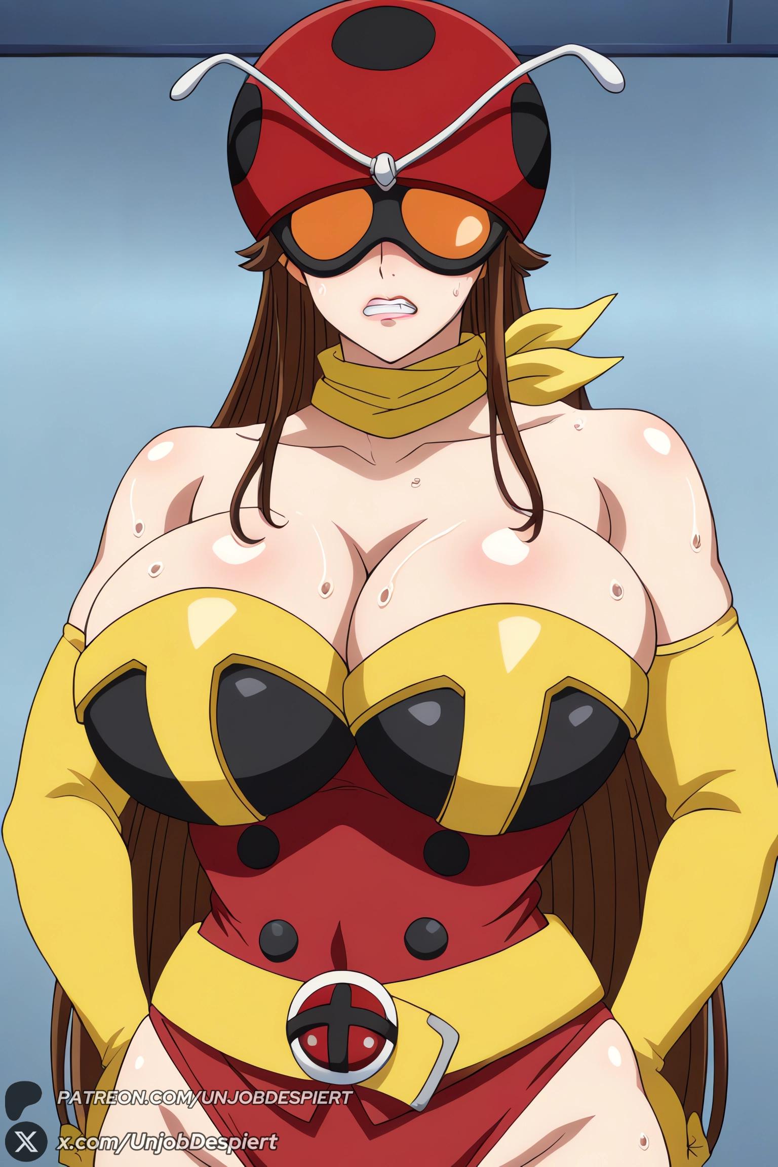 1female, 1girls, 2025, ai generated, antennae, artist name, bare shoulders, belt, big ass, big breasts, breasts, brown hair, cleavage, clenched teeth, collarbone, curvy, elbow gloves, electro wave human tackle, female, female only, gloves, hands on hips, helmet, hi res, high quality, high resolution, highres, huge ass, huge breasts, human, kamen rider, large breasts, leotard, long hair, looking at viewer, okada yuriko, patreon, patreon username, scarf, solo, superheroine, sweat, teeth, toujima tanzaburou wa kamen rider ni naritai, unjobdespiert, watermark, yellow gloves, yellow scarf