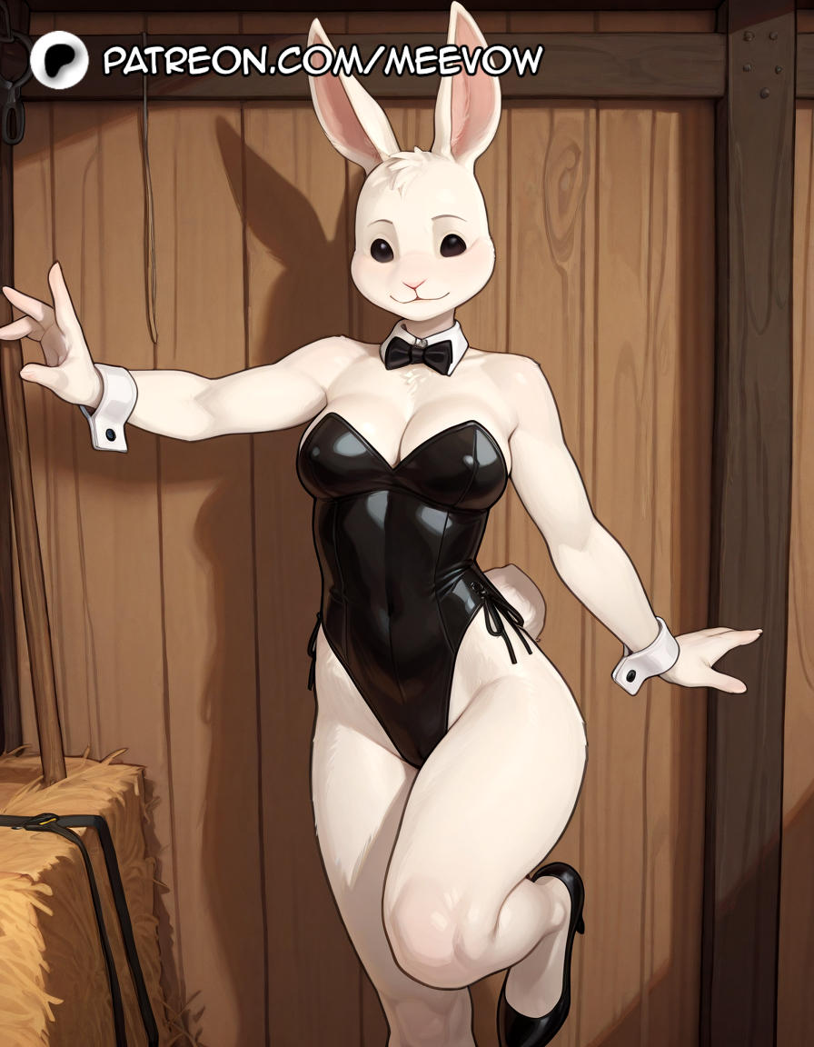 1girls ai_generated animal_ears beastars black_bow black_bowtie black_eyes black_footwear black_leotard body_fur bow bowtie breasts cleavage detached_collar furry furry_female haru_(beastars) high_heels highleg highleg_leotard leotard looking_at_viewer medium_breasts meevow patreon_username playboy_bunny rabbit_ears rabbit_girl rabbit_tail solo standing standing_on_one_leg strapless strapless_leotard tail wooden_wall wrist_cuffs
