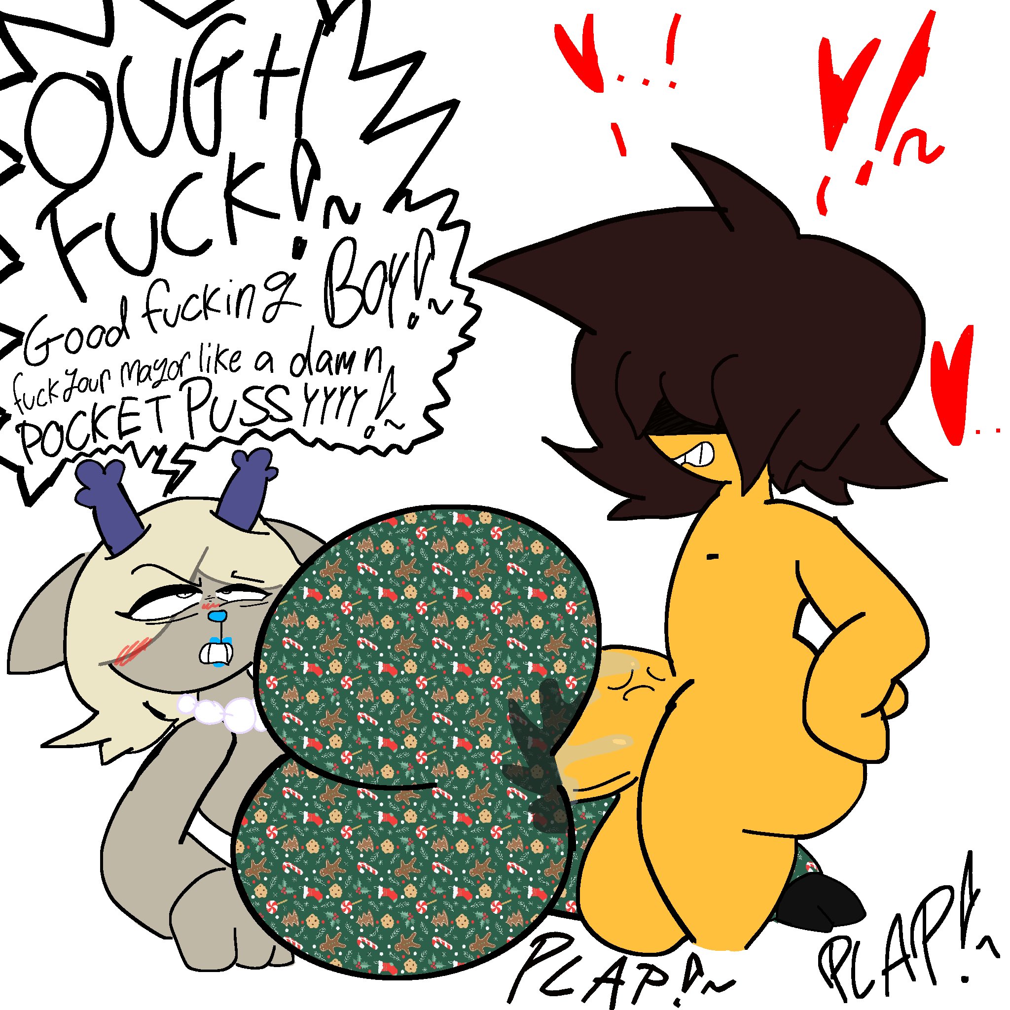 afterdarkcircus, anal through clothes, anthro, ass, big ass, blue antlers, blue lipstick, breasts, brown hair, carol holiday, christmas outfit, comic, deltarune, deltarune chapter 4, english dialogue, english text, eyebrows raised, fat ass, female, forbidden pants, fucked through clothes, hyper, hyper breasts, hyper penis, kris (deltarune), male, male/female, milf, pearl necklace, penis, speech bubble, straight