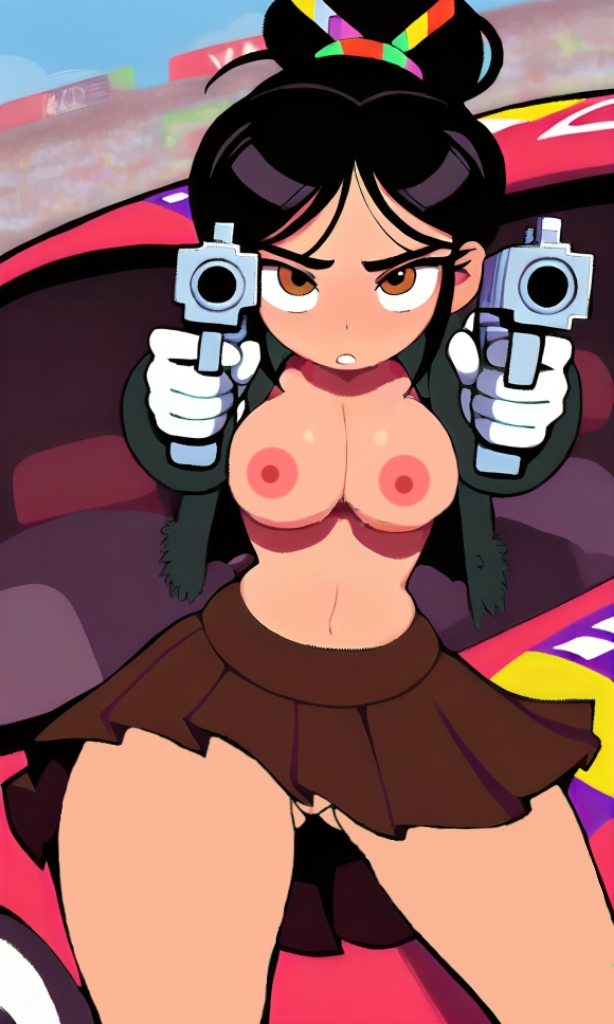 aged up, ai generated, artist request, big breasts, black hair, black jacket, breasts, brown eyes, female, female only, guns, jacket, jacket open, looking at viewer, open jacket, pointing gun at viewer, ponytail, sitting, skirt, slim waist, solo, solo female, vanellope von schweetz, wreck-it ralph